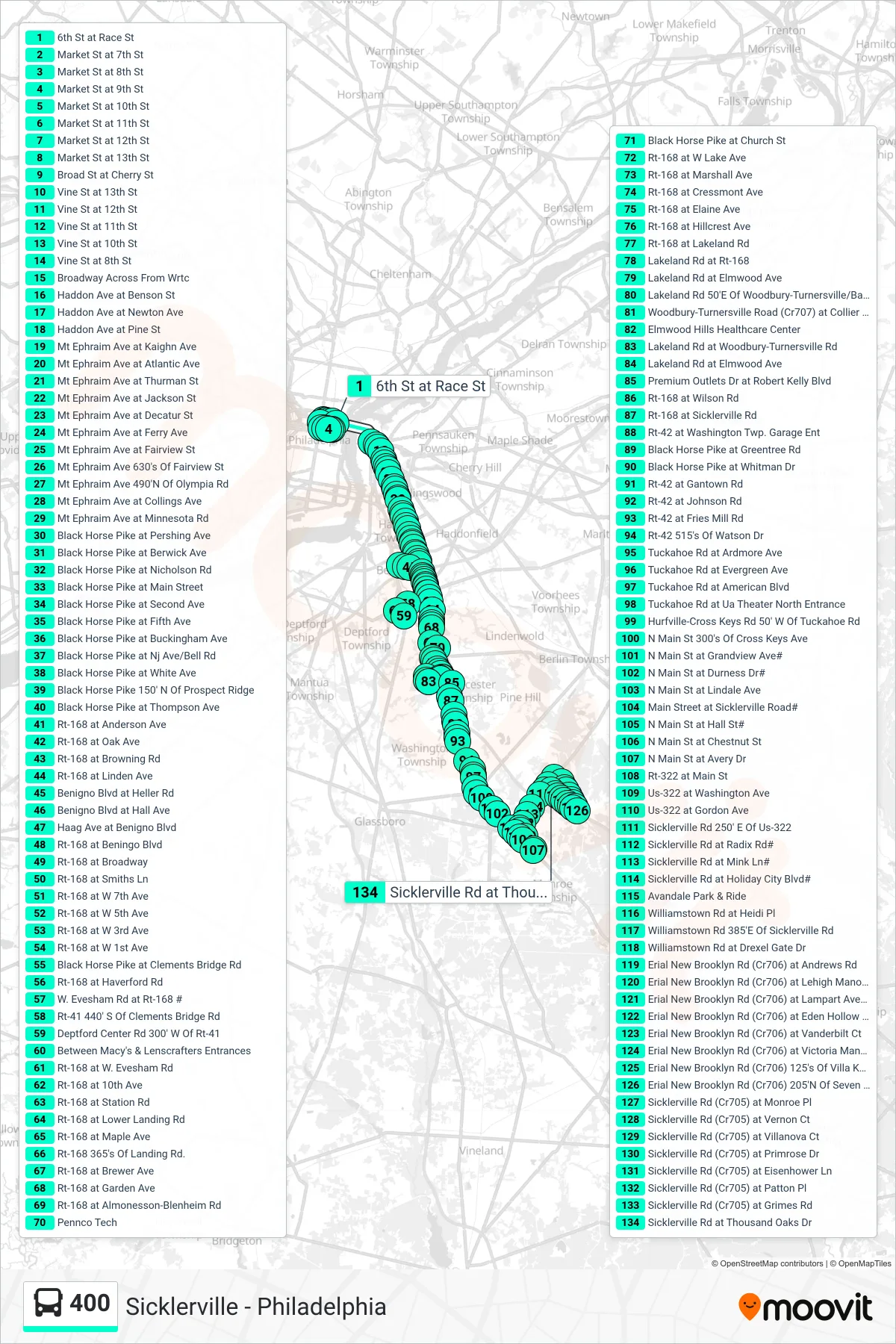 400 bus Line (Sicklerville Belmwr Ind Pk Sicklerville Deptford Mall Sicklerville Pennco Tech) route and stops on a map