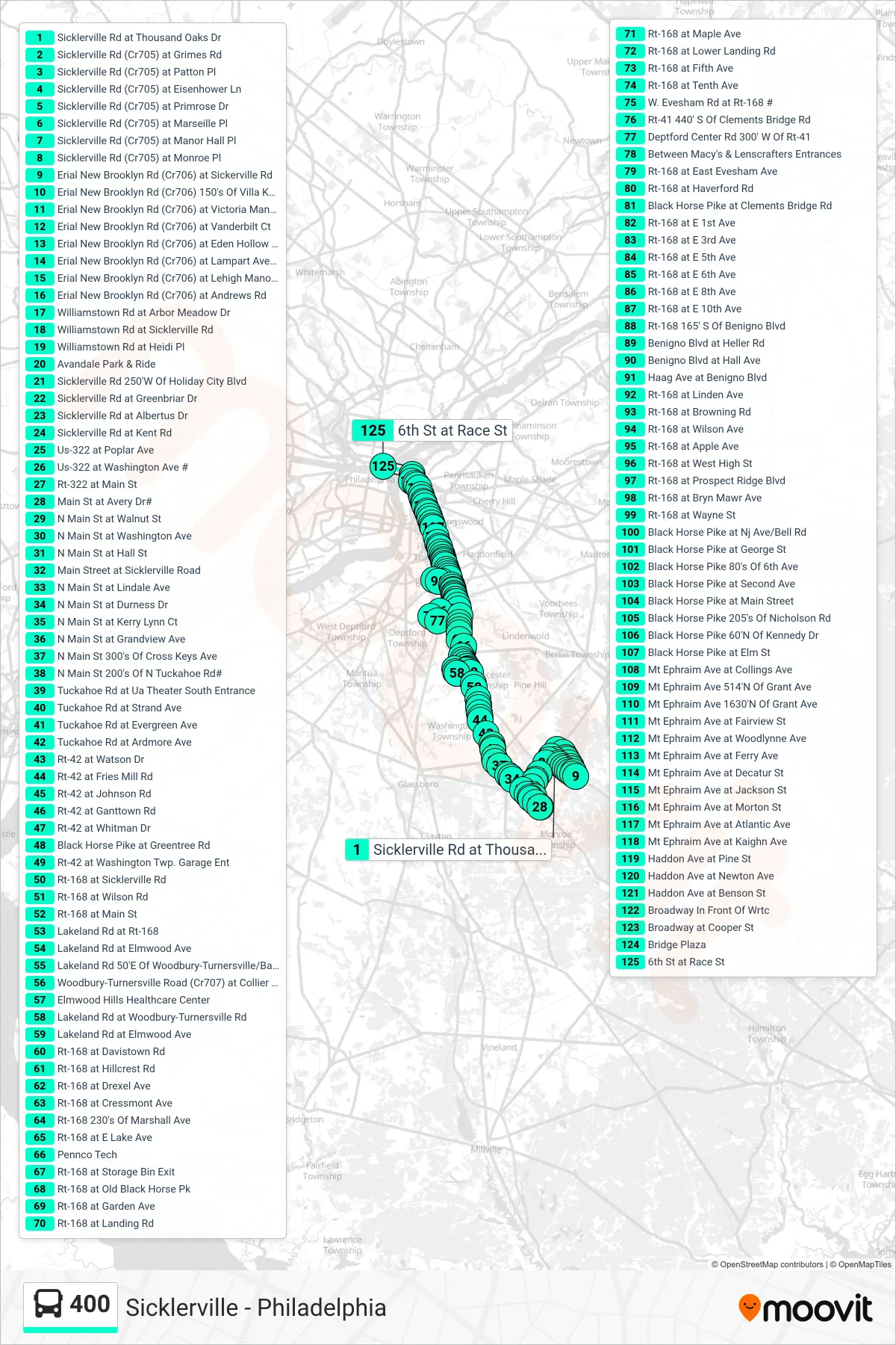 400 bus Line (Philadelphia Pennco Tech Philadelphia Deptford Mall Philadelphia Belmwr Ind Pk) route and stops on a map
