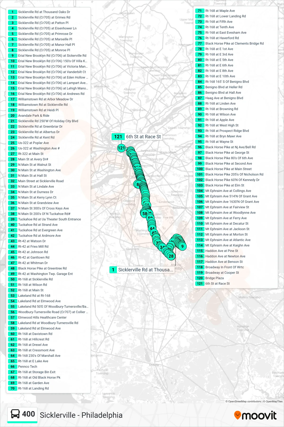 400 bus Line (Philadelphia Pennco Tech Philadelphia Belmwr Ind Pk) route and stops on a map