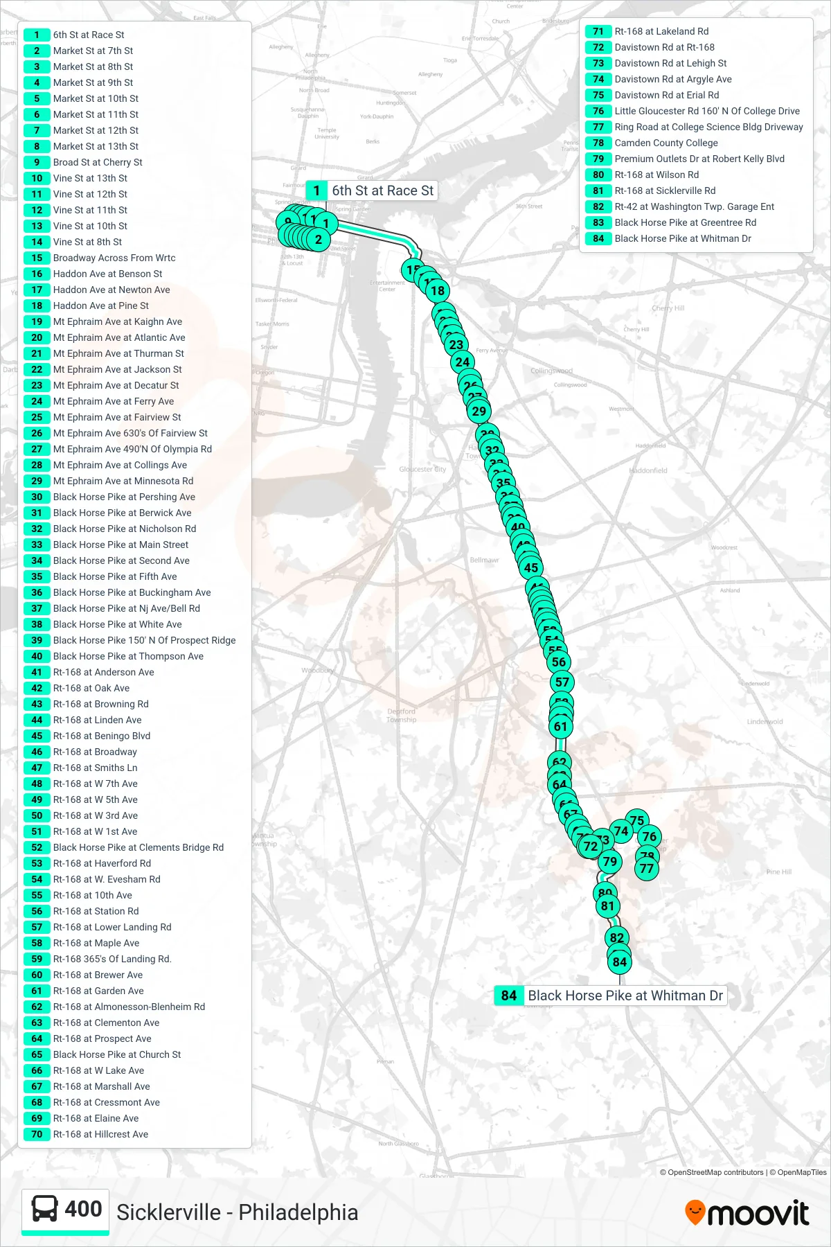 400 bus Line (Turnersville Gp Outlets) route and stops on a map