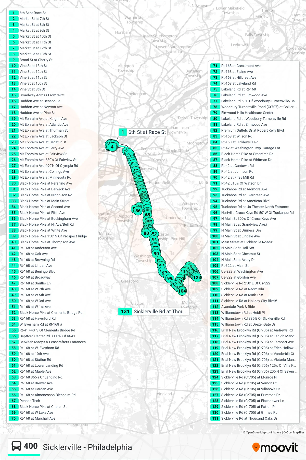 400 bus Line (Sicklerville Deptford Mall Sicklerville Pennco Tech) route and stops on a map