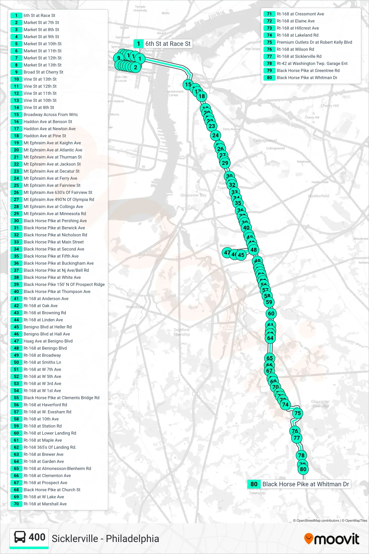 400 bus Line (Turnersville Gp Outlets Turnersville Belmwr Ind Pk) route and stops on a map