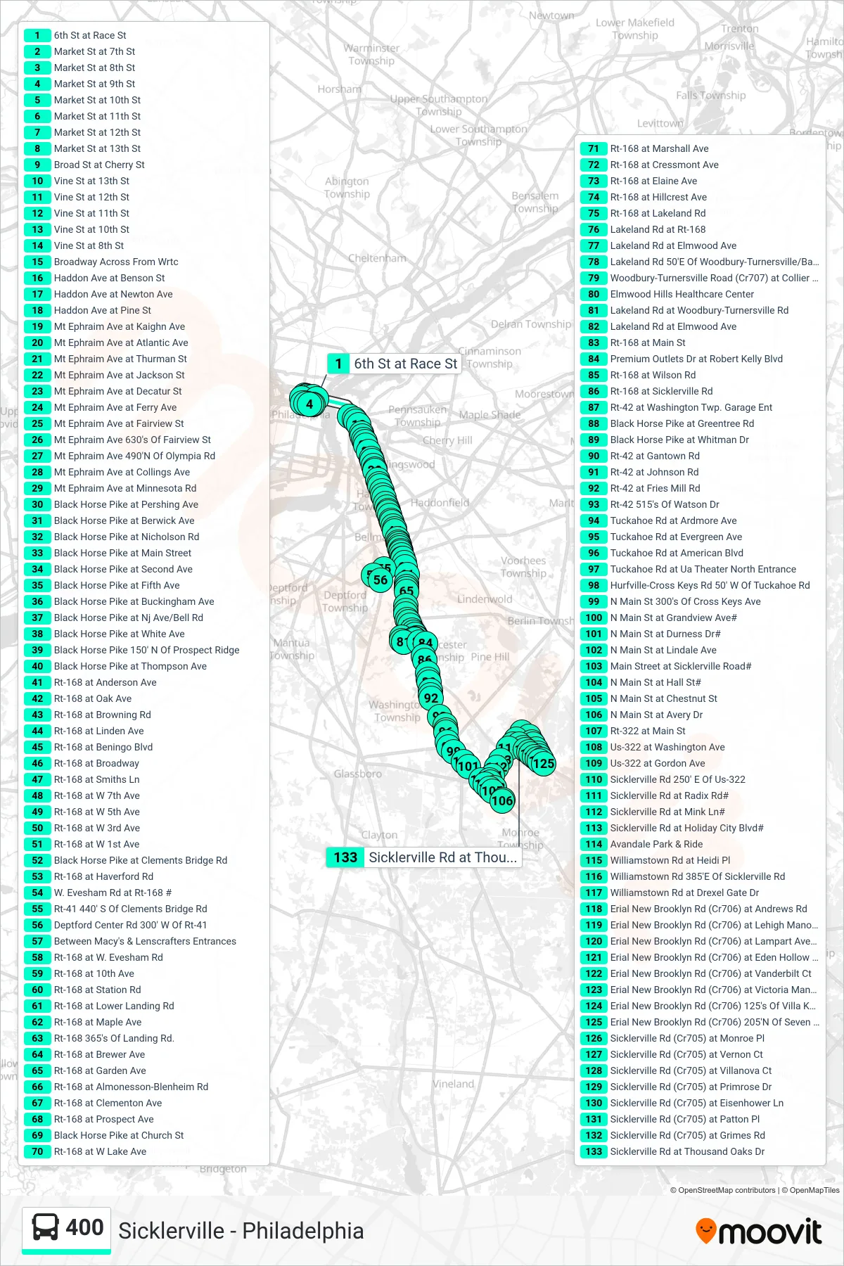 400 bus Line (Sicklerville Deptford Mall) route and stops on a map