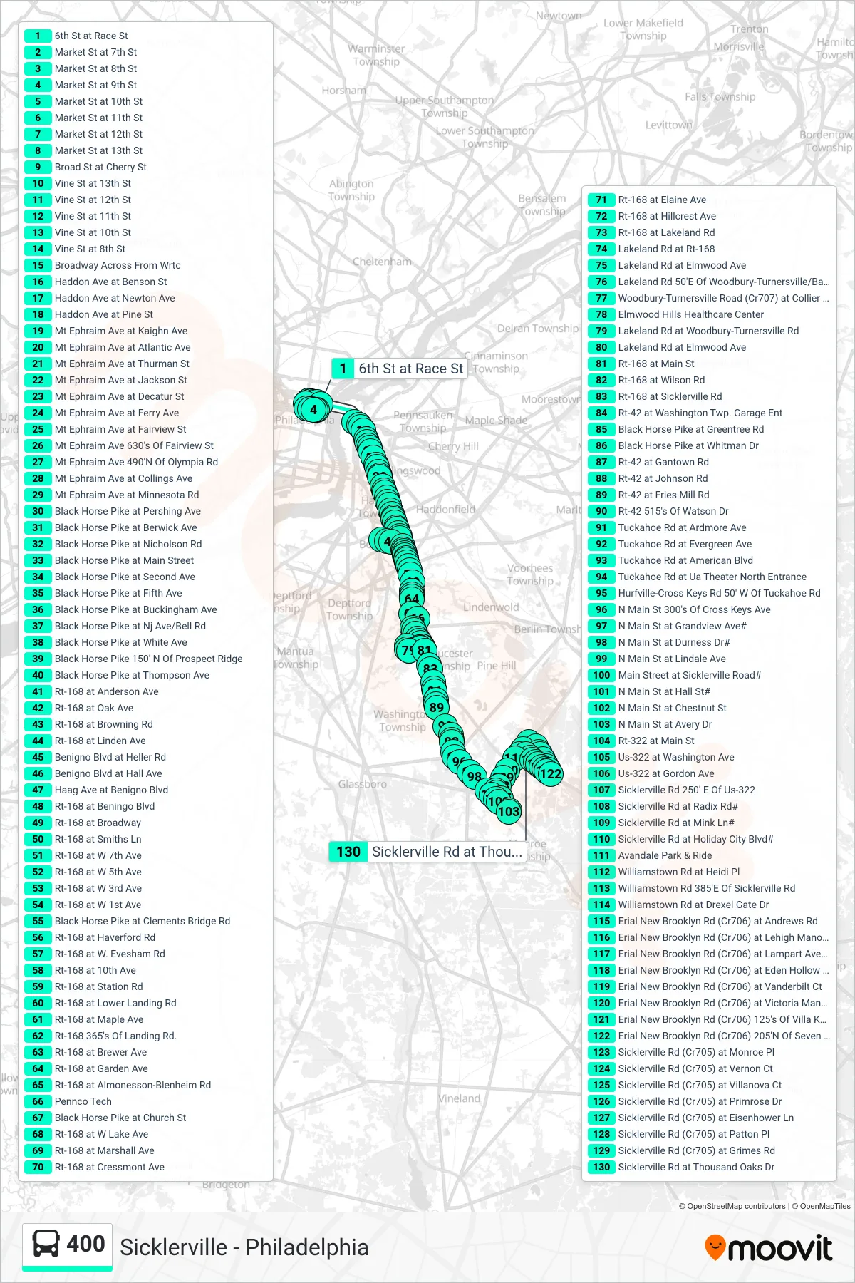 400 bus Line (Sicklerville Belmwr Ind Pk Sicklerville Pennco Tech) route and stops on a map