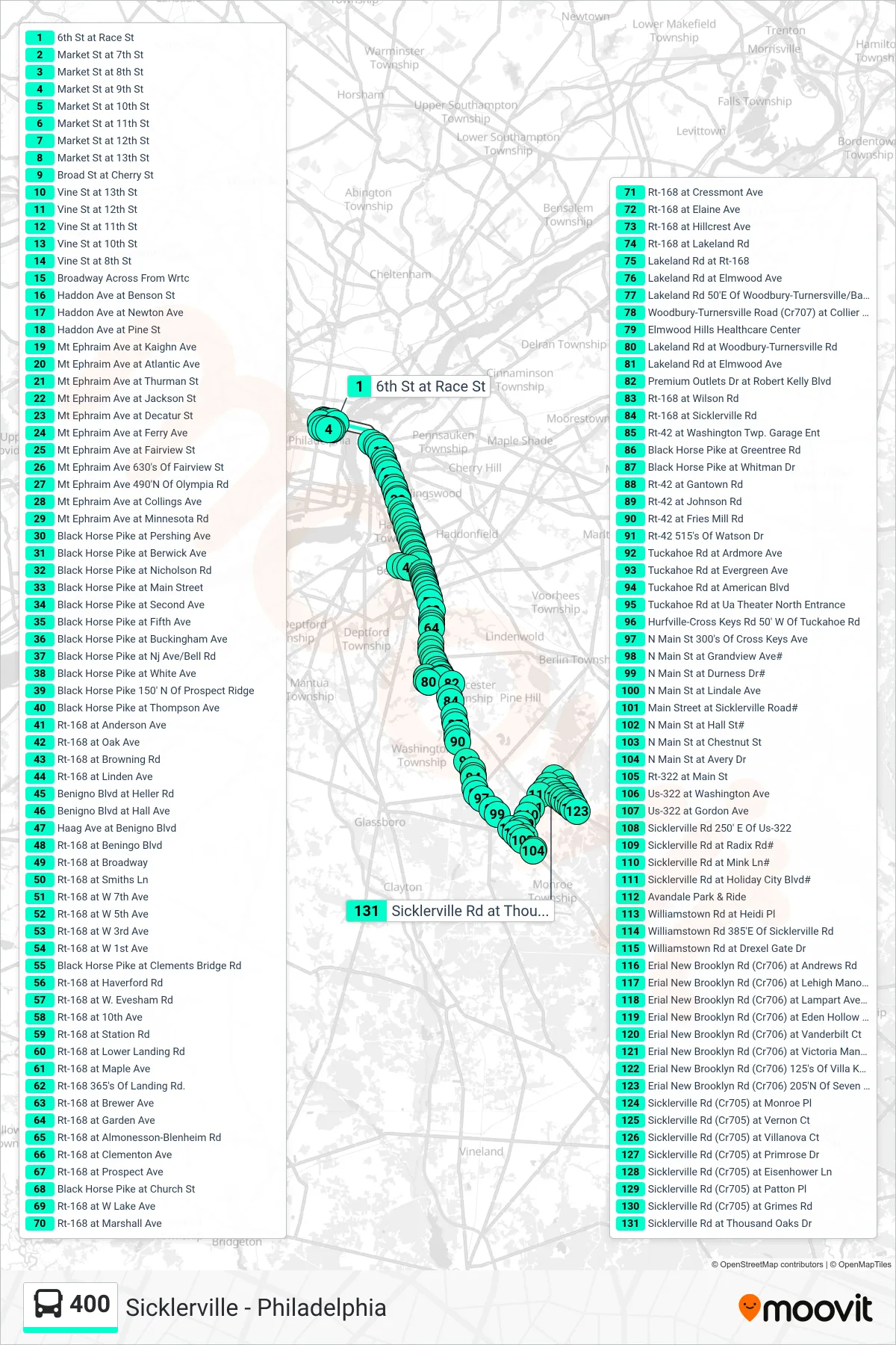 400 bus Line (Philadelphia Gp Outlets) route and stops on a map