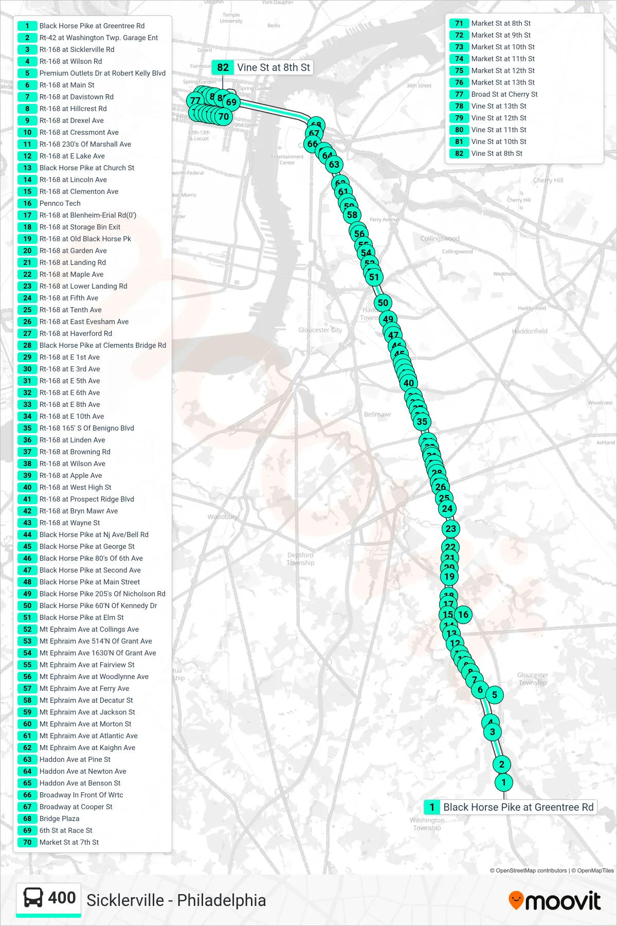 400 bus Line (Philadelphia Gp Outlets) route and stops on a map