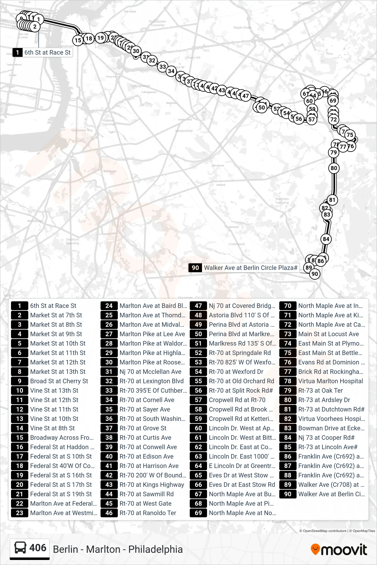 406 bus Line (Berln Twp Via Lincoln Drive) route and stops on a map
