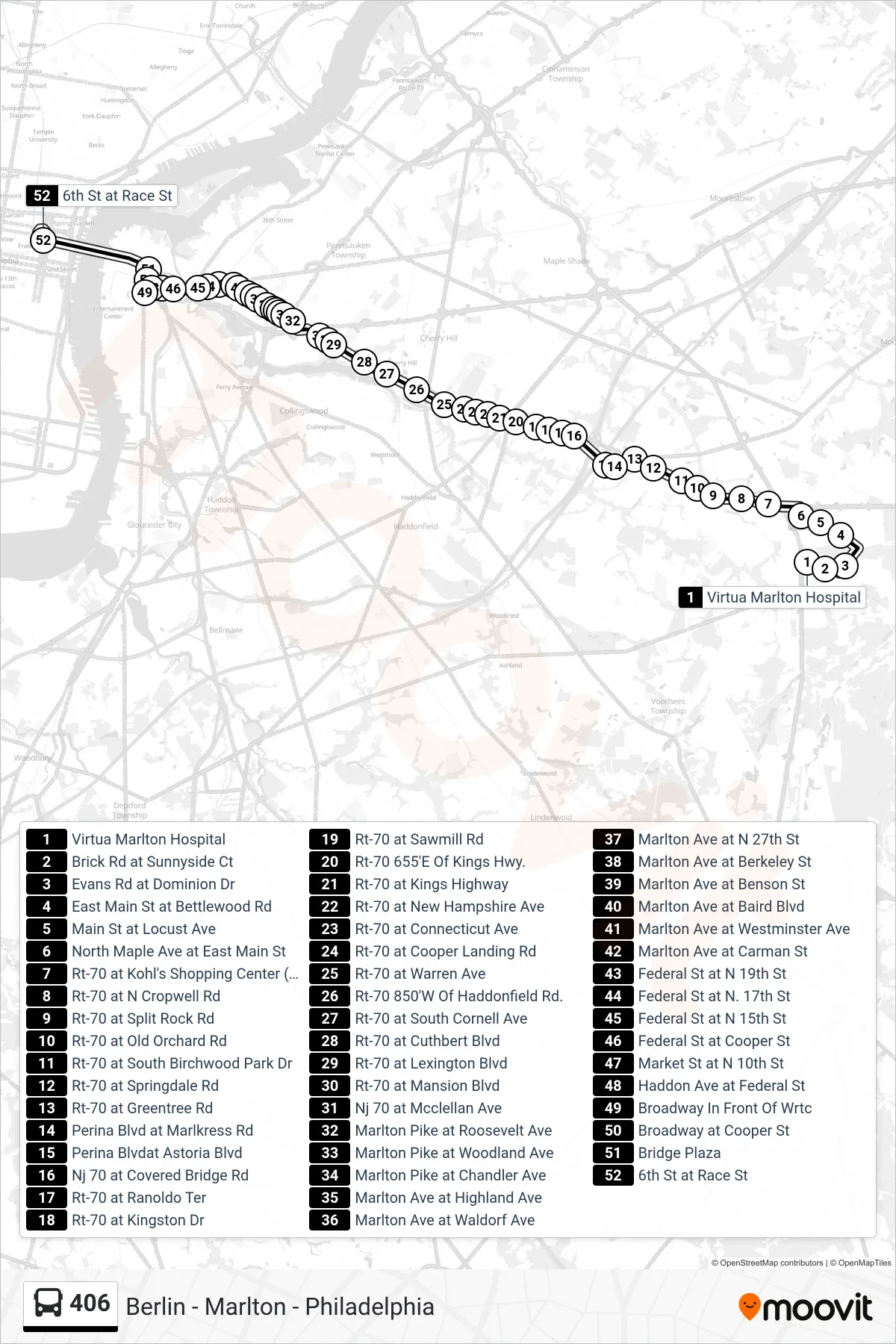 406 bus Line (Philadelphia Perina Blvd) route and stops on a map