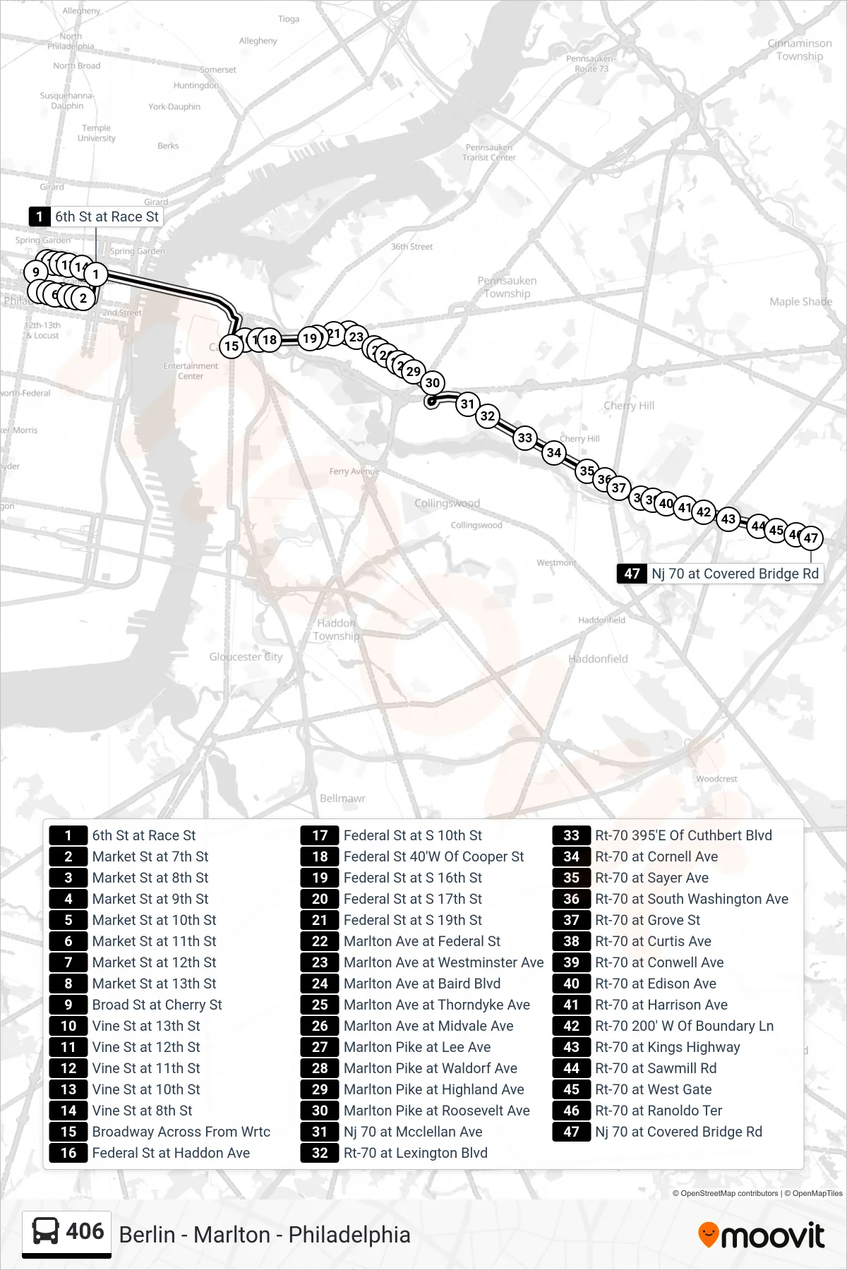 406 bus Line (Cherry Hill) route and stops on a map