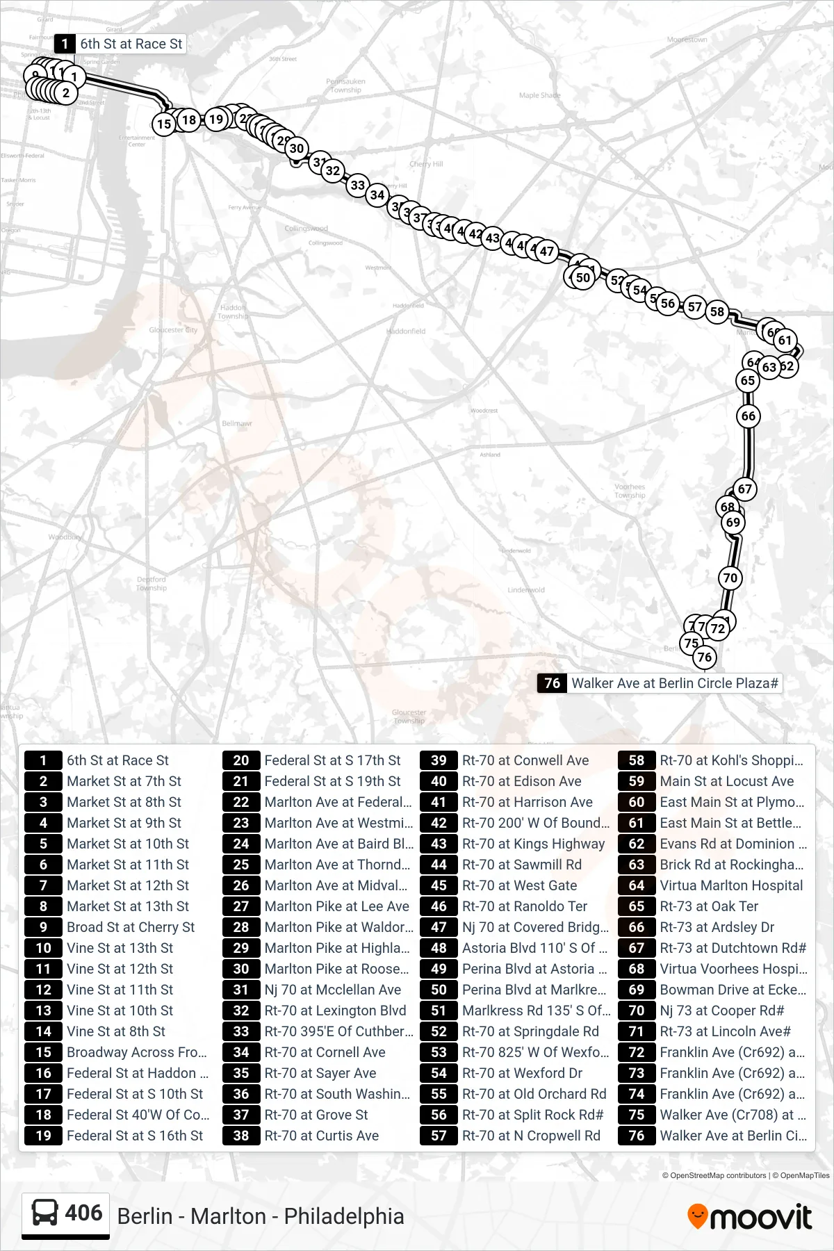 406 bus Line (Berln Twp) route and stops on a map