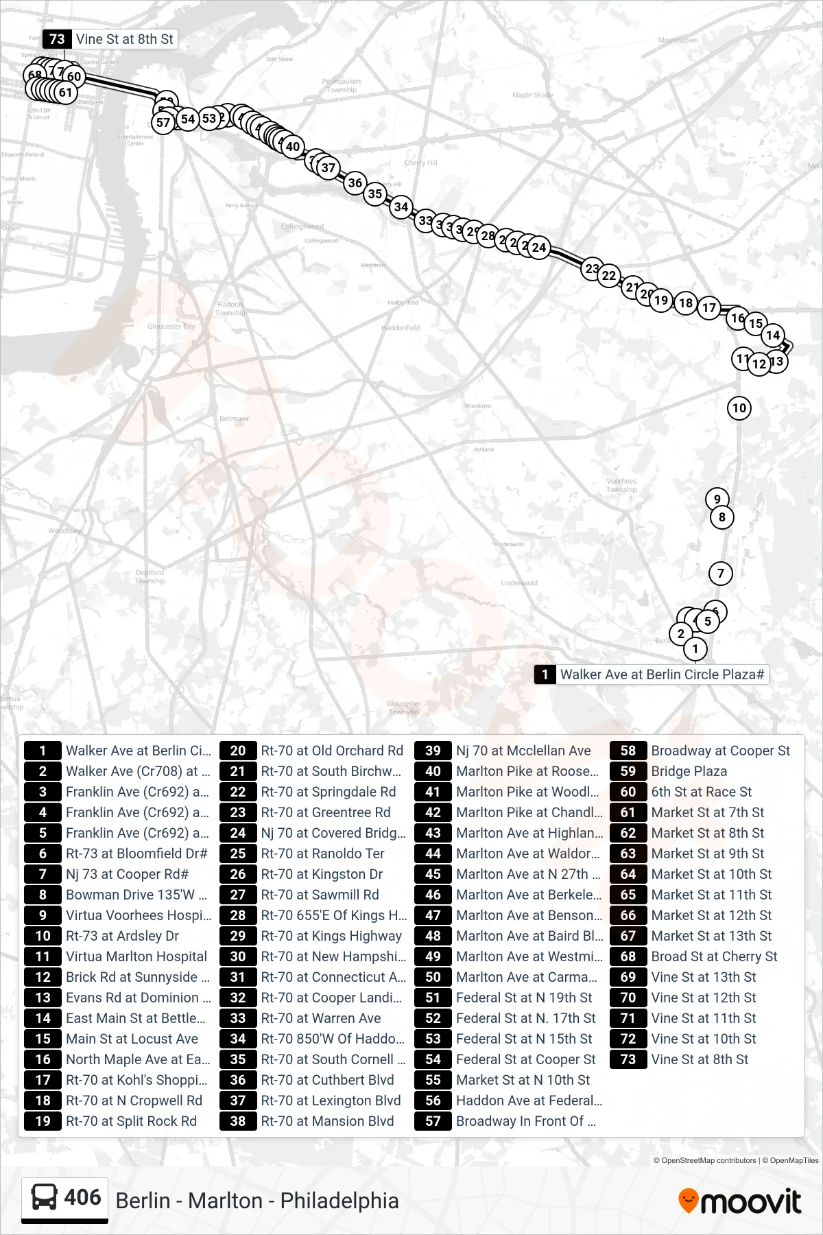 406 bus Line (Philadelphia) route and stops on a map
