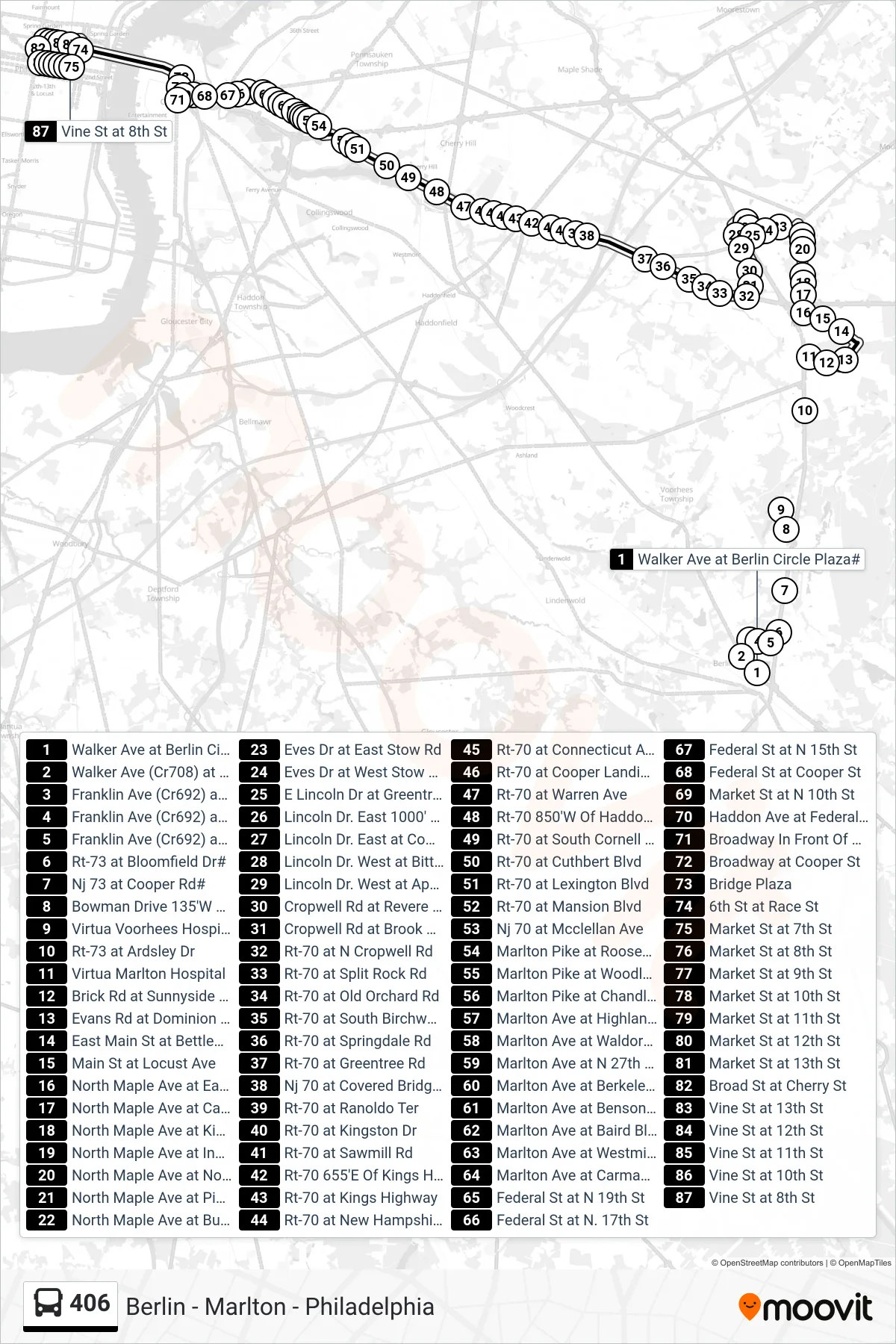 406 bus Line (Philadelphia Via Lincoln Dr) route and stops on a map