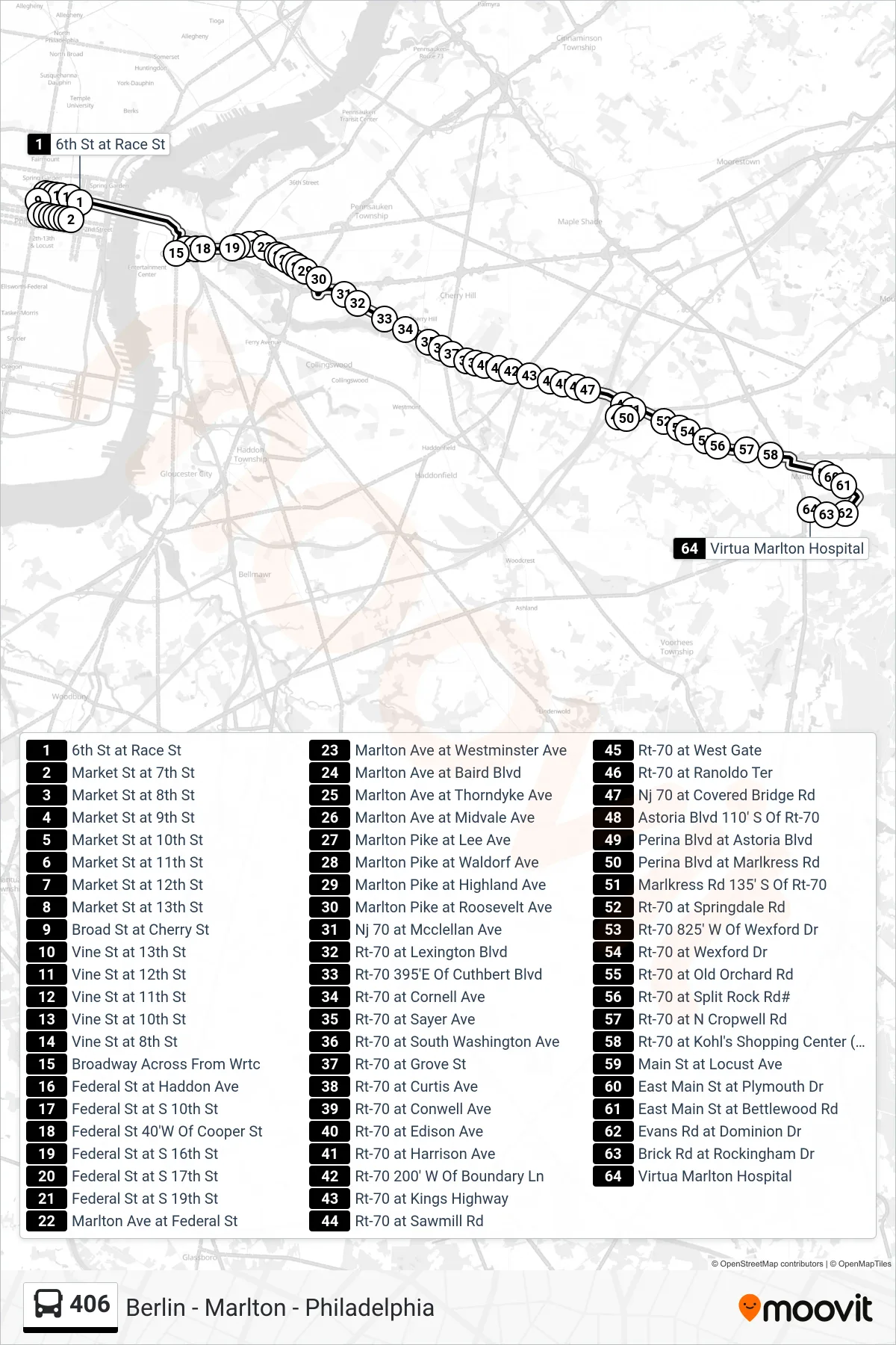 406 bus Line (Marlton) route and stops on a map