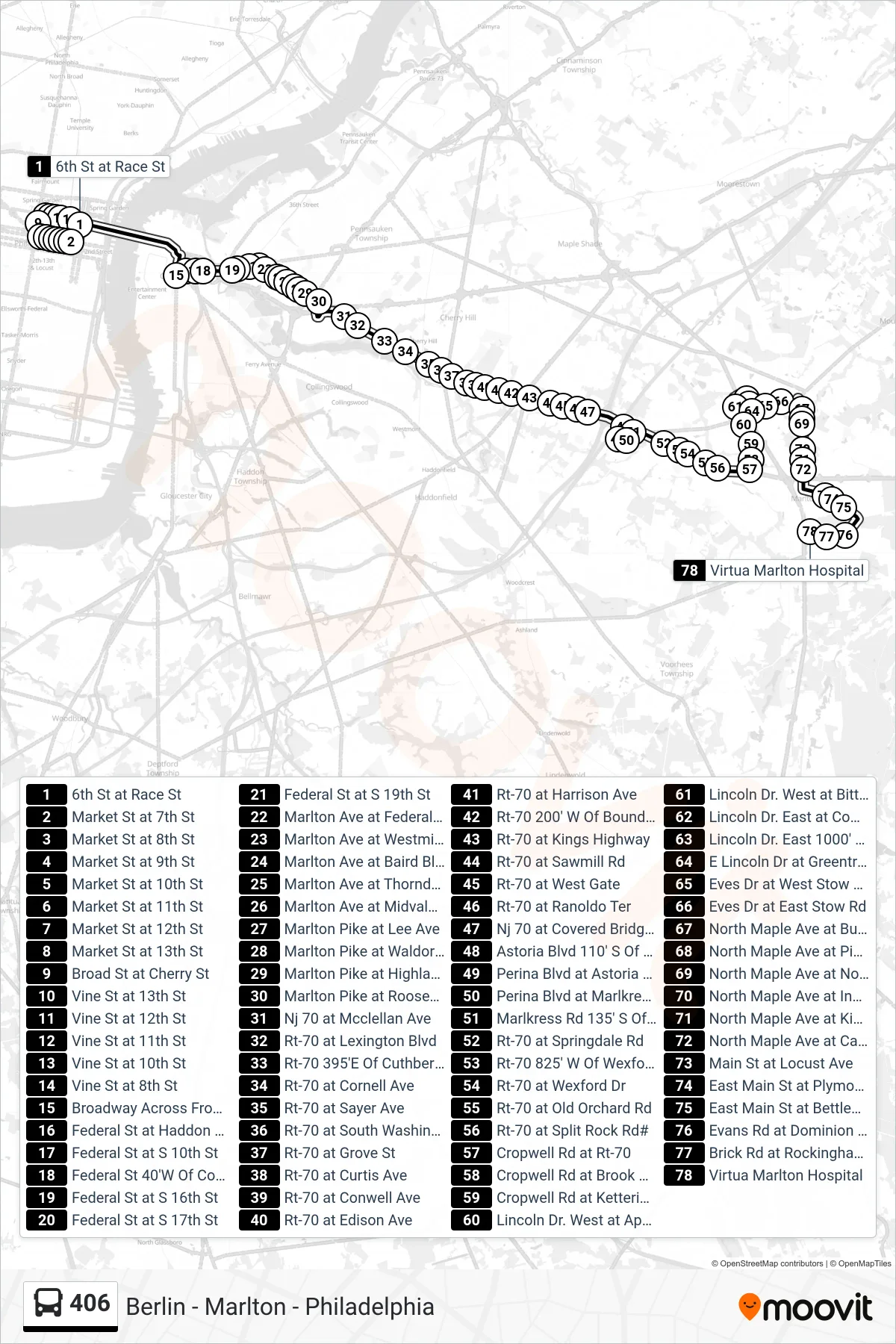 406 bus Line (Marlton Via Lincoln Dr) route and stops on a map