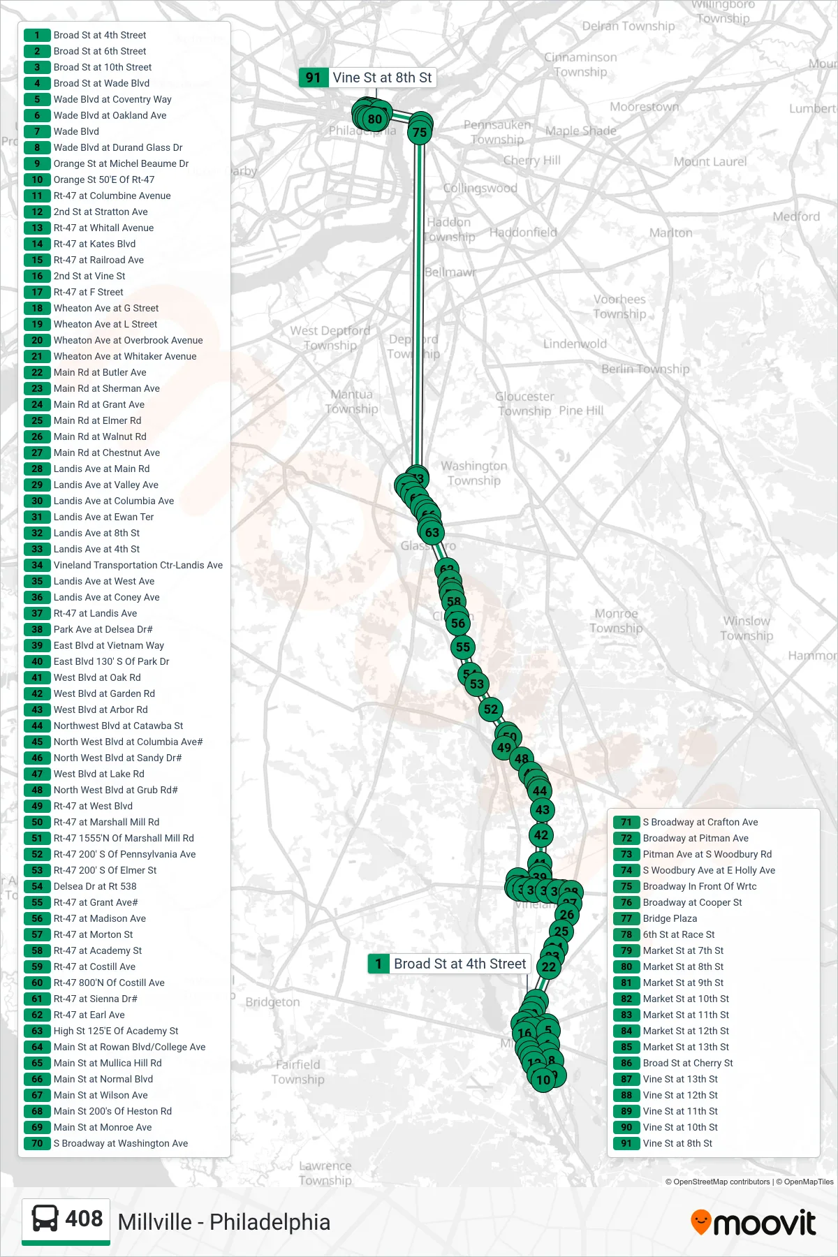 408 bus Line (Philadelphia Exp Via Wrtc) route and stops on a map