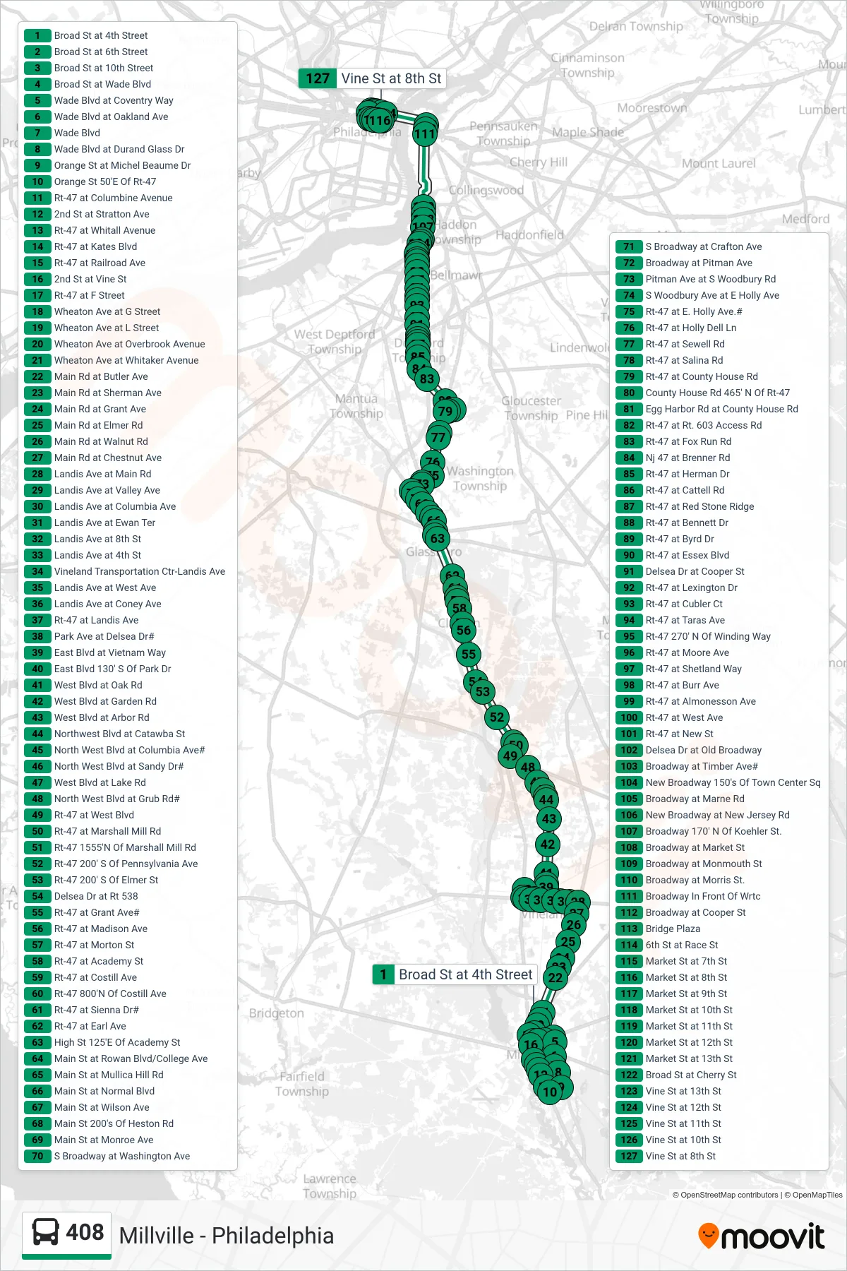 408 bus Line (Philadelphia) route and stops on a map