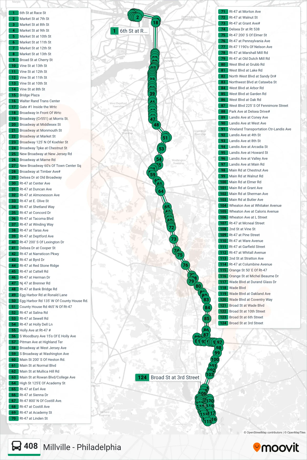 408 bus Line (Millville) route and stops on a map