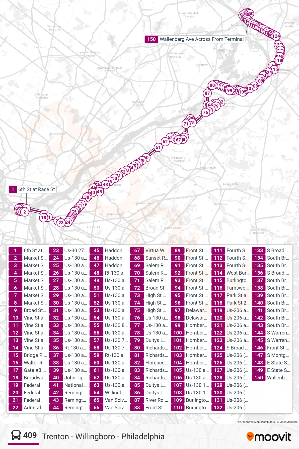 409 bus Line (Trenton Via Wrtc) route and stops on a map