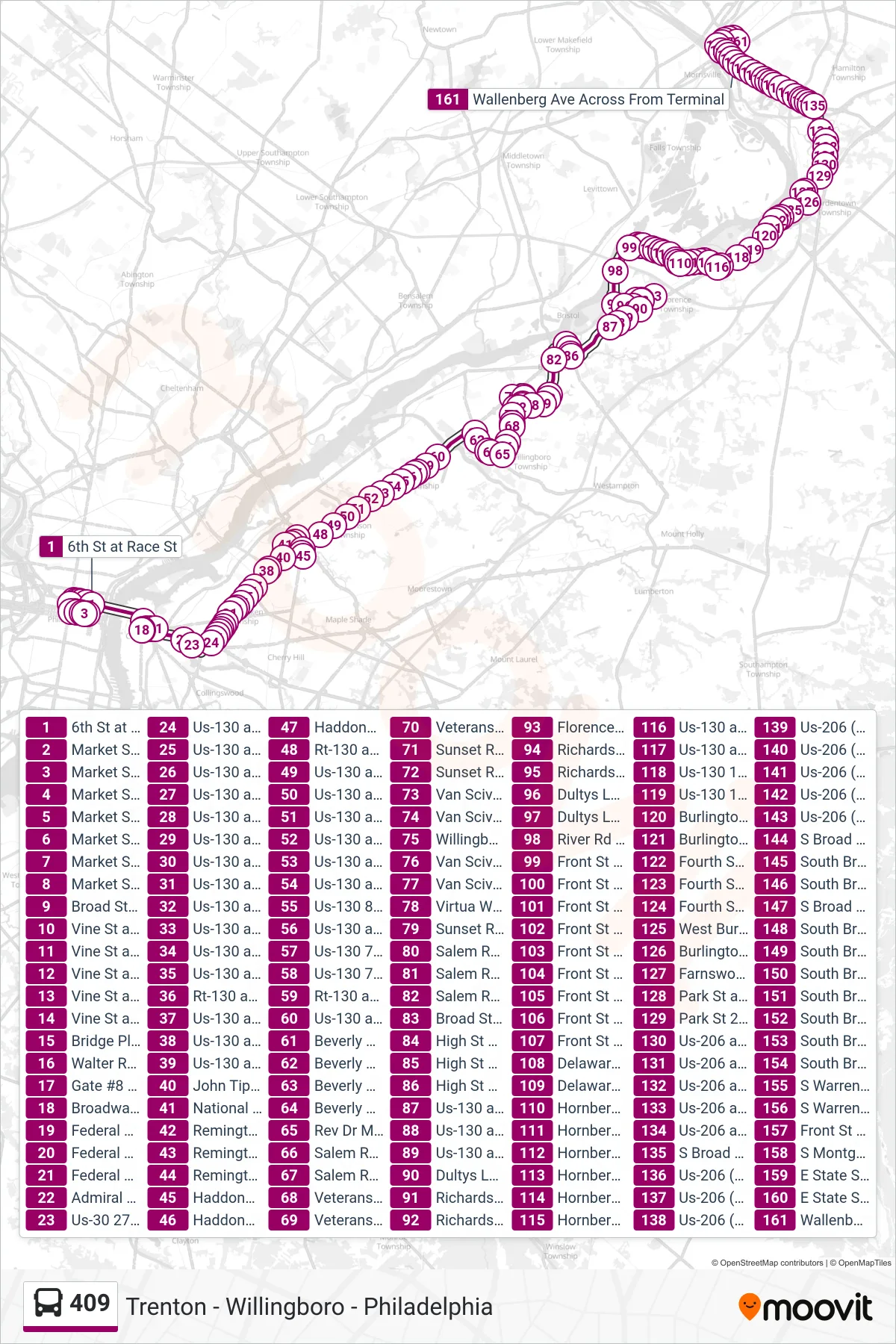 409 bus Line (Trenton Via Country Plaza) route and stops on a map