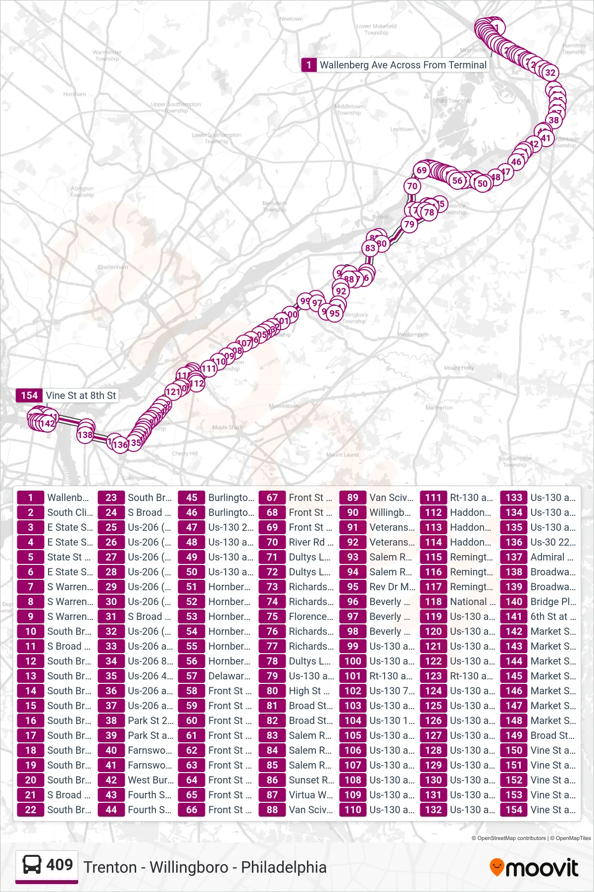 409 bus Line (Philadelphia Via Cntry Plz) route and stops on a map
