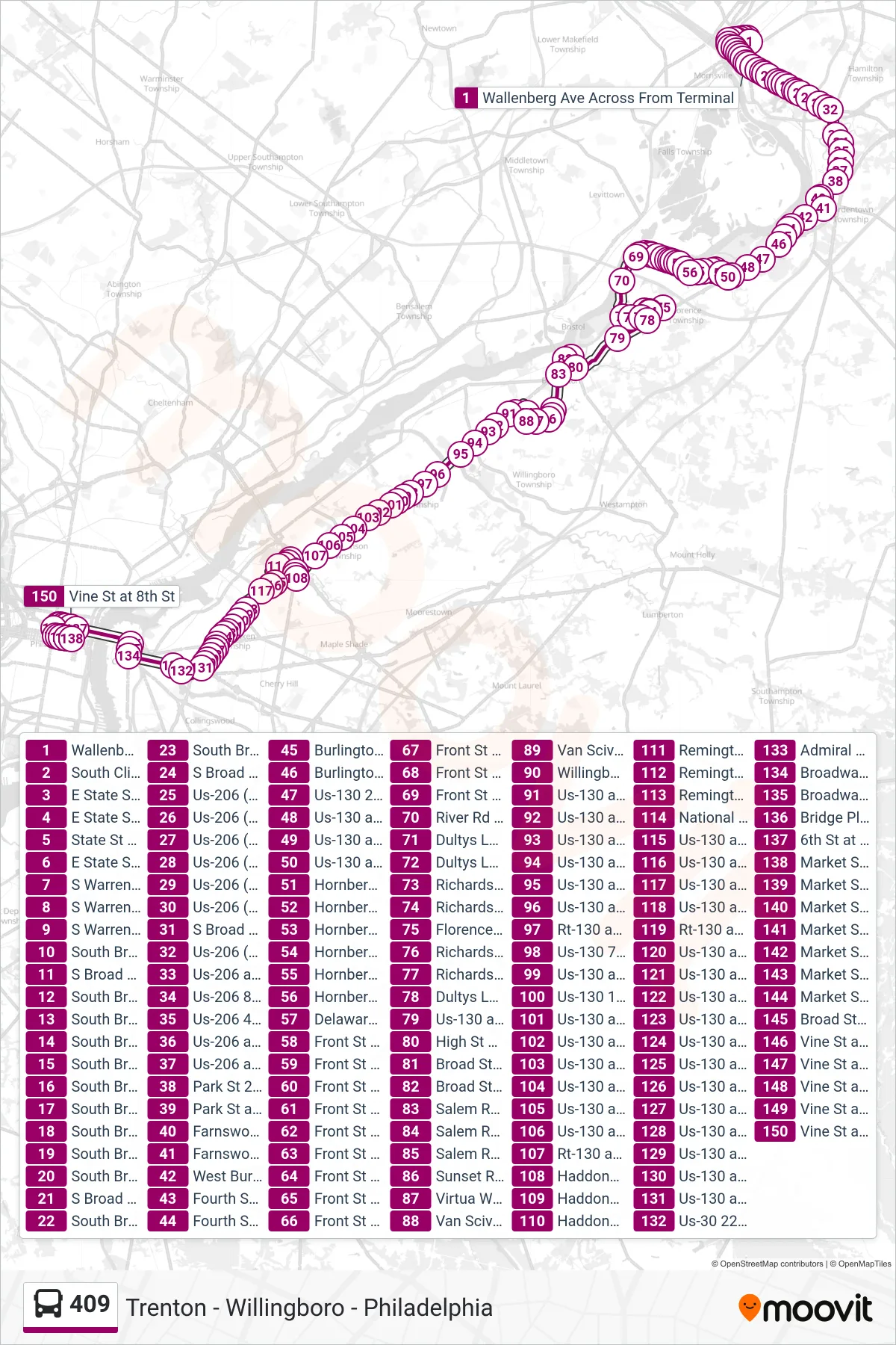 409 bus Line (Philadelphia) route and stops on a map