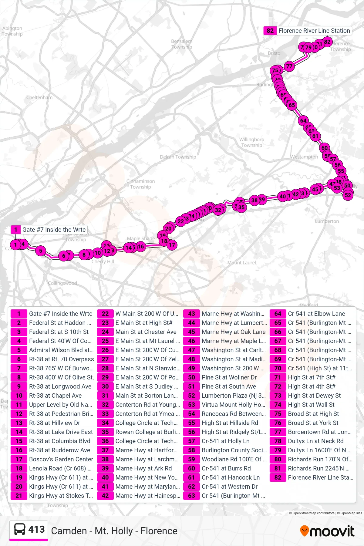 413 bus Line (Florence Rowan at Bc Florence Lumbertn Plz) route and stops on a map