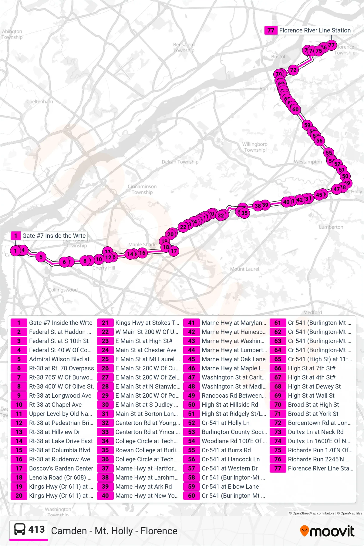 413 bus Line (Florence Rowan at Bc) route and stops on a map
