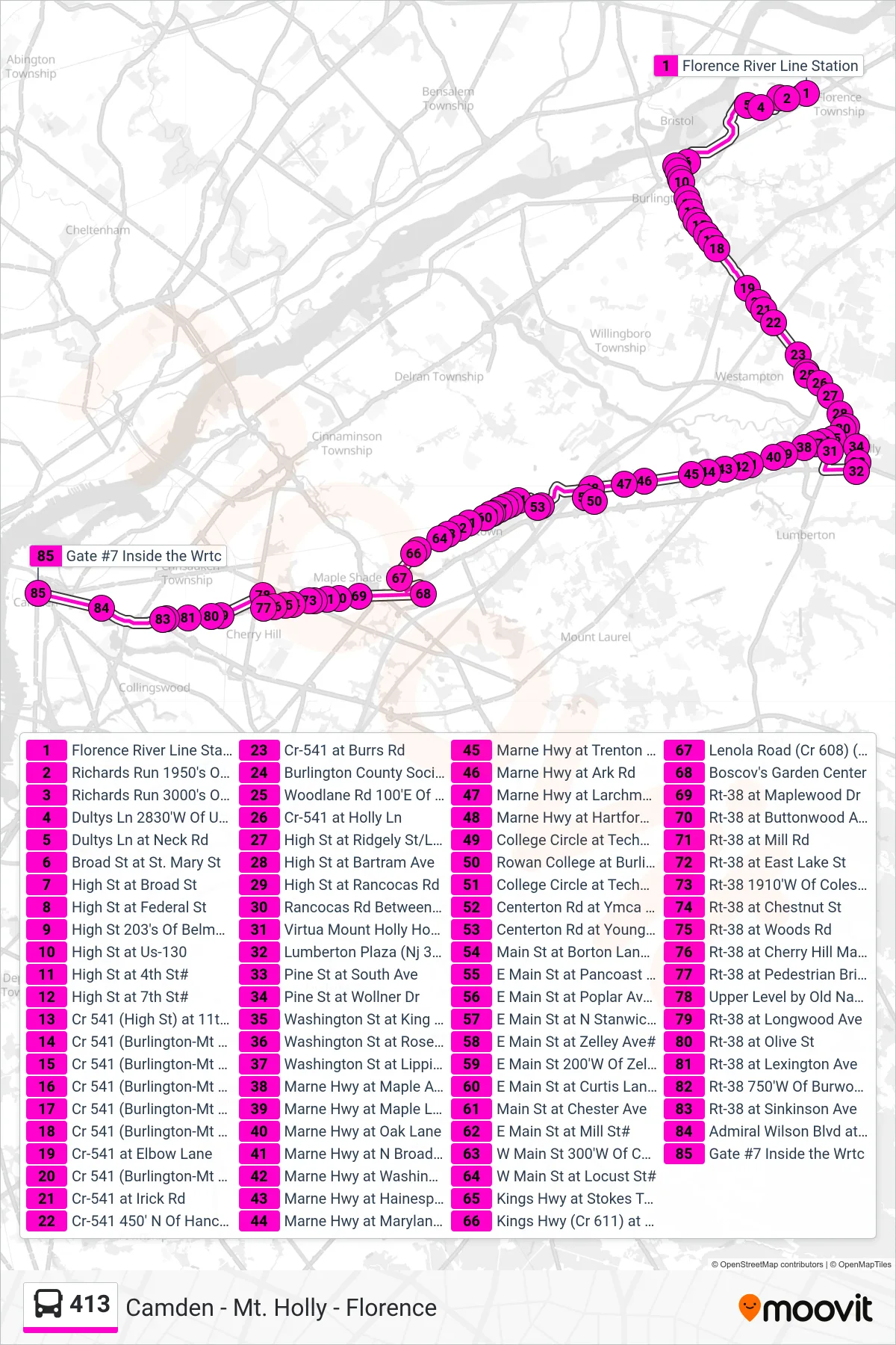 413 bus Line (Camden Via Burlingtn Ctr Camden Lumbertn Plz Camden Rowan at Bc) route and stops on a map