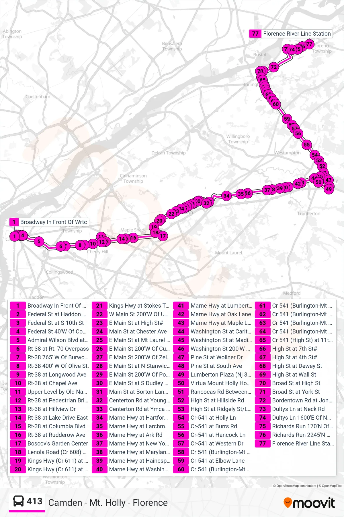 413 bus Line (Florence Lumbertn Plz) route and stops on a map