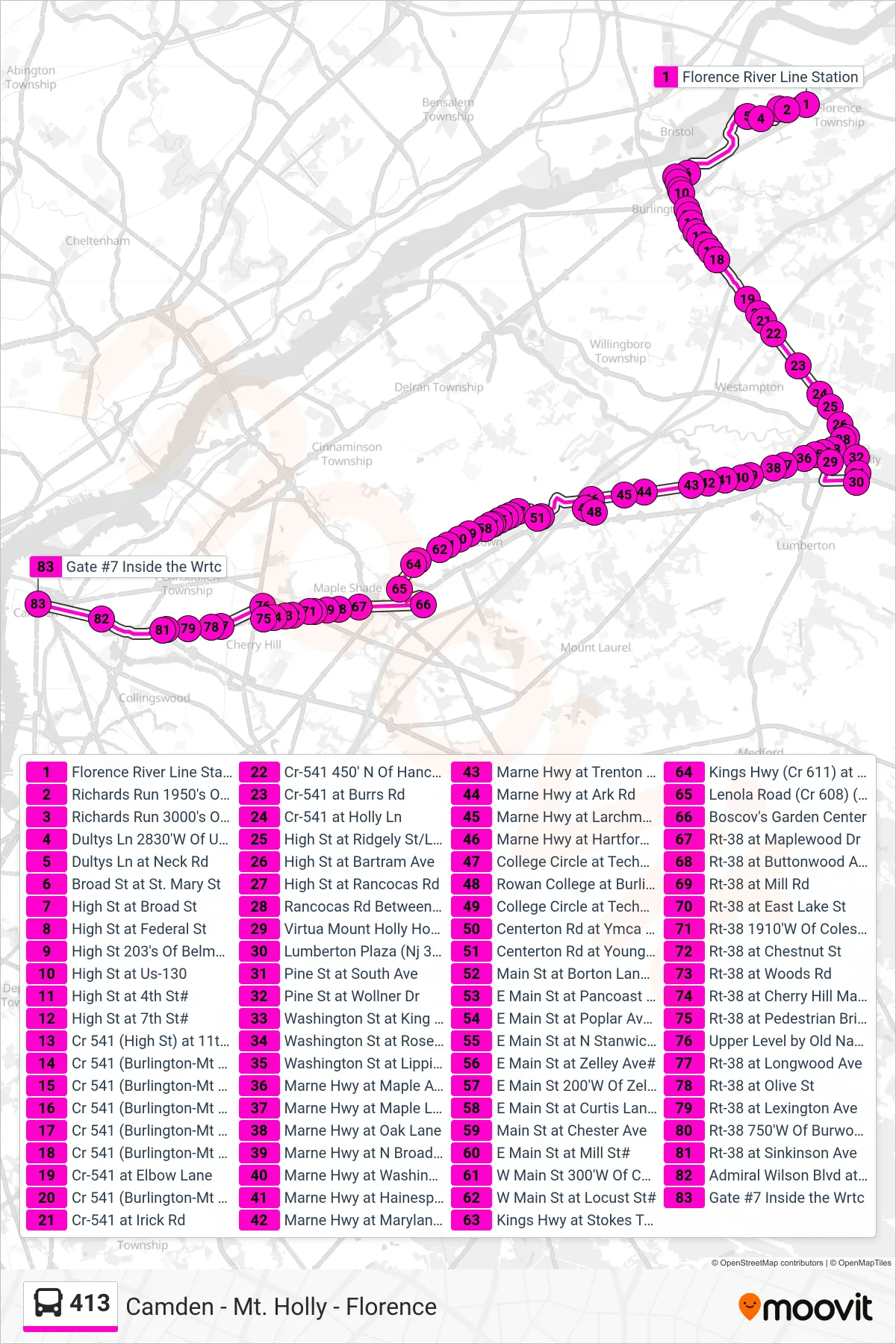 413 bus Line (Camden Lumbertn Plz Camden Rowan at Bc) route and stops on a map