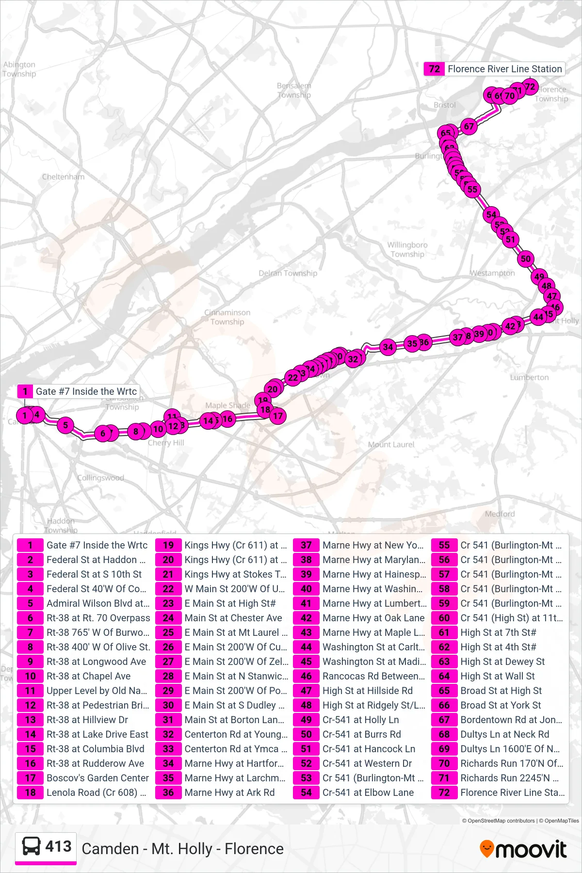 413 bus Line (Florence) route and stops on a map