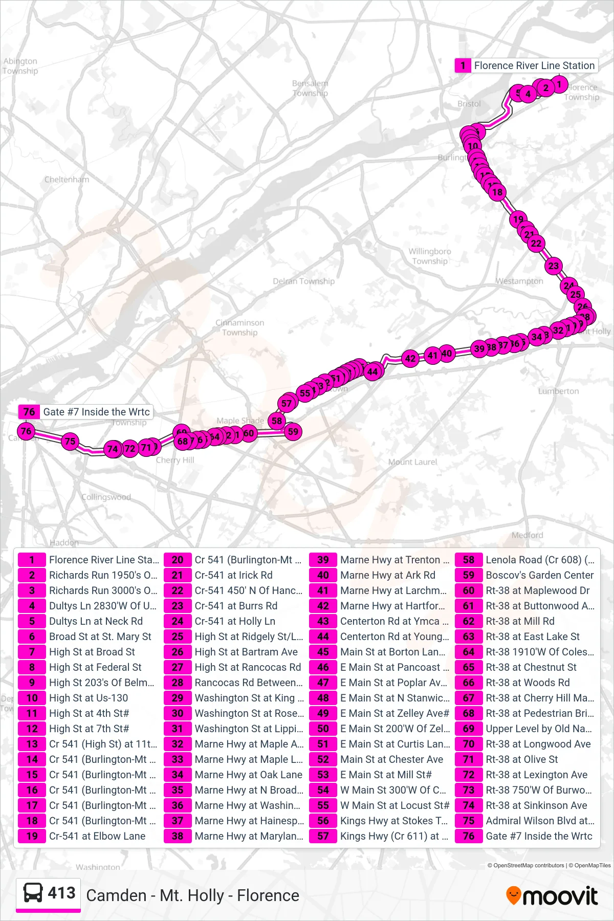 413 bus Line (Camden) route and stops on a map