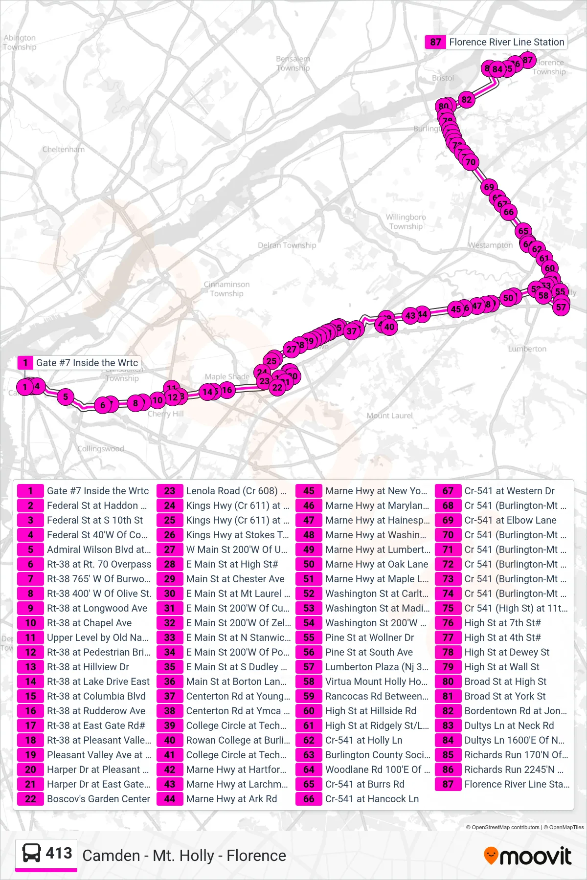 413 bus Line (Florence E Gate Corp Florence Rowan at Bc Florence Lumbertn Plz) route and stops on a map