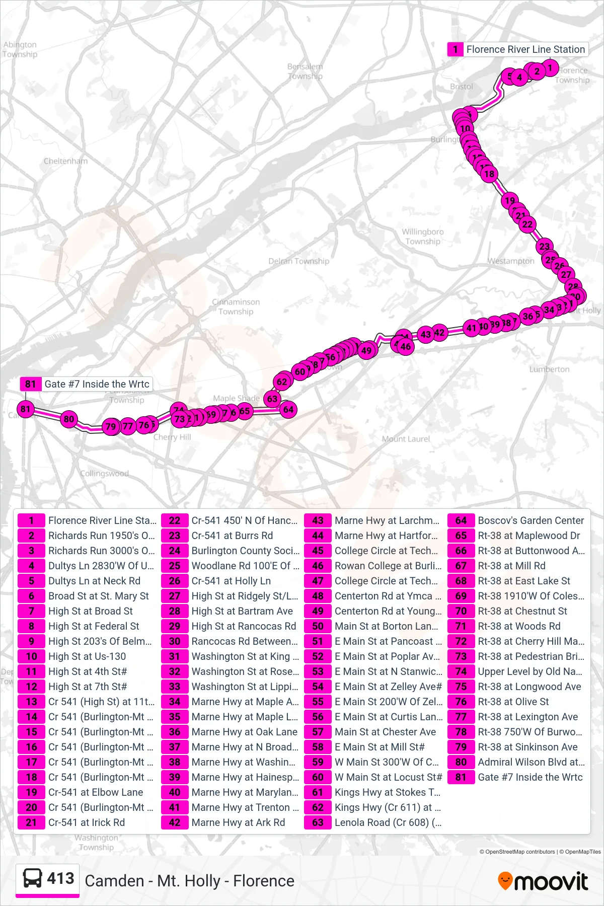 413 bus Line (Camden Via Rowan at Bc) route and stops on a map