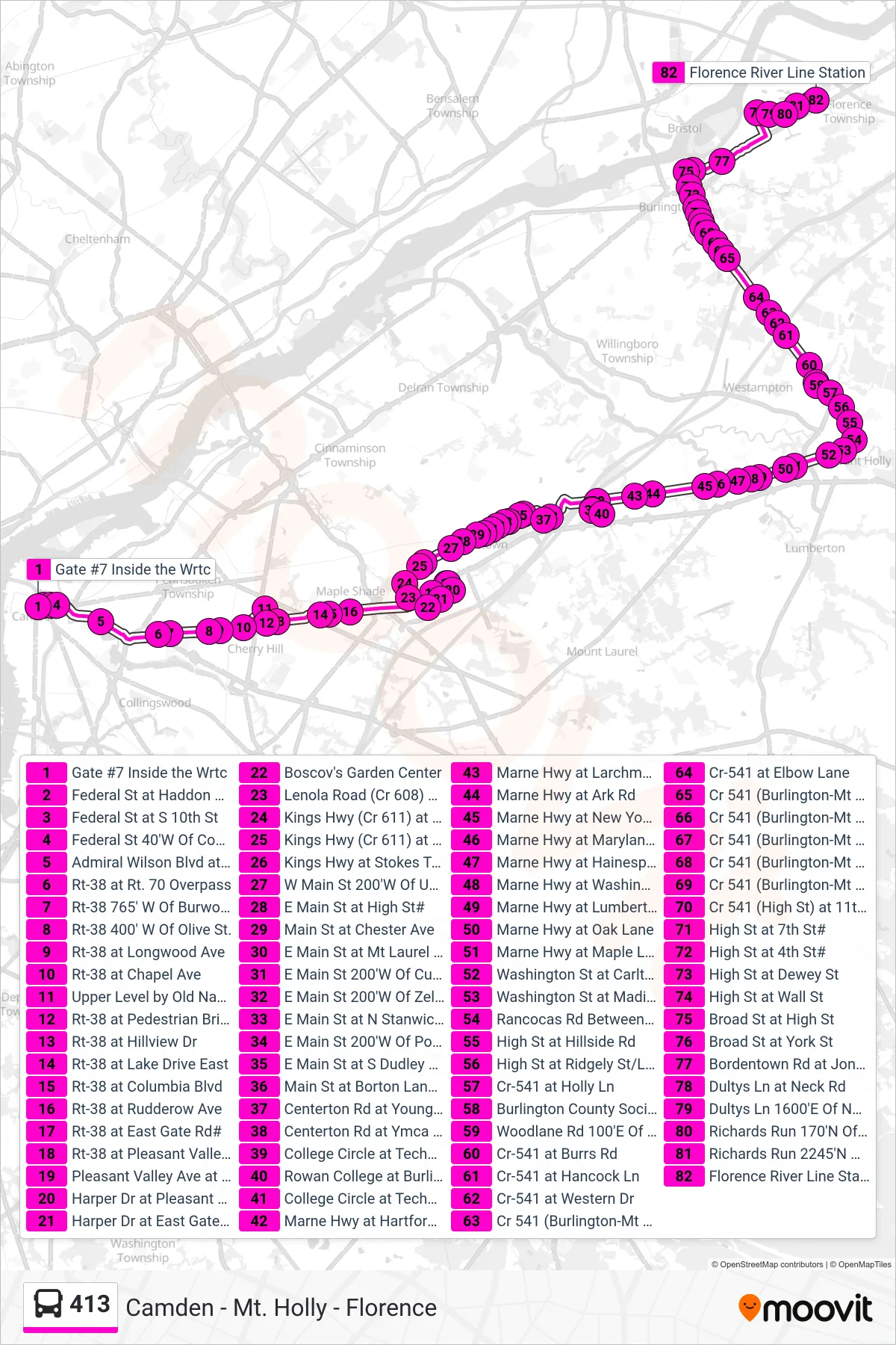 413 bus Line (Florence E Gate Corp Florence Rowan at Bc) route and stops on a map