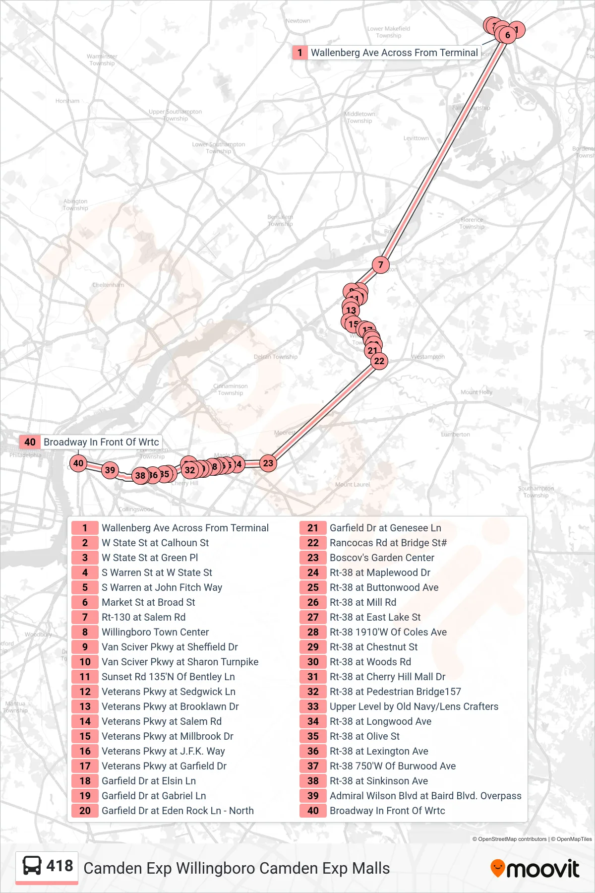 418 bus Line (Camden Exp Willingboro Camden Exp Malls) route and stops on a map