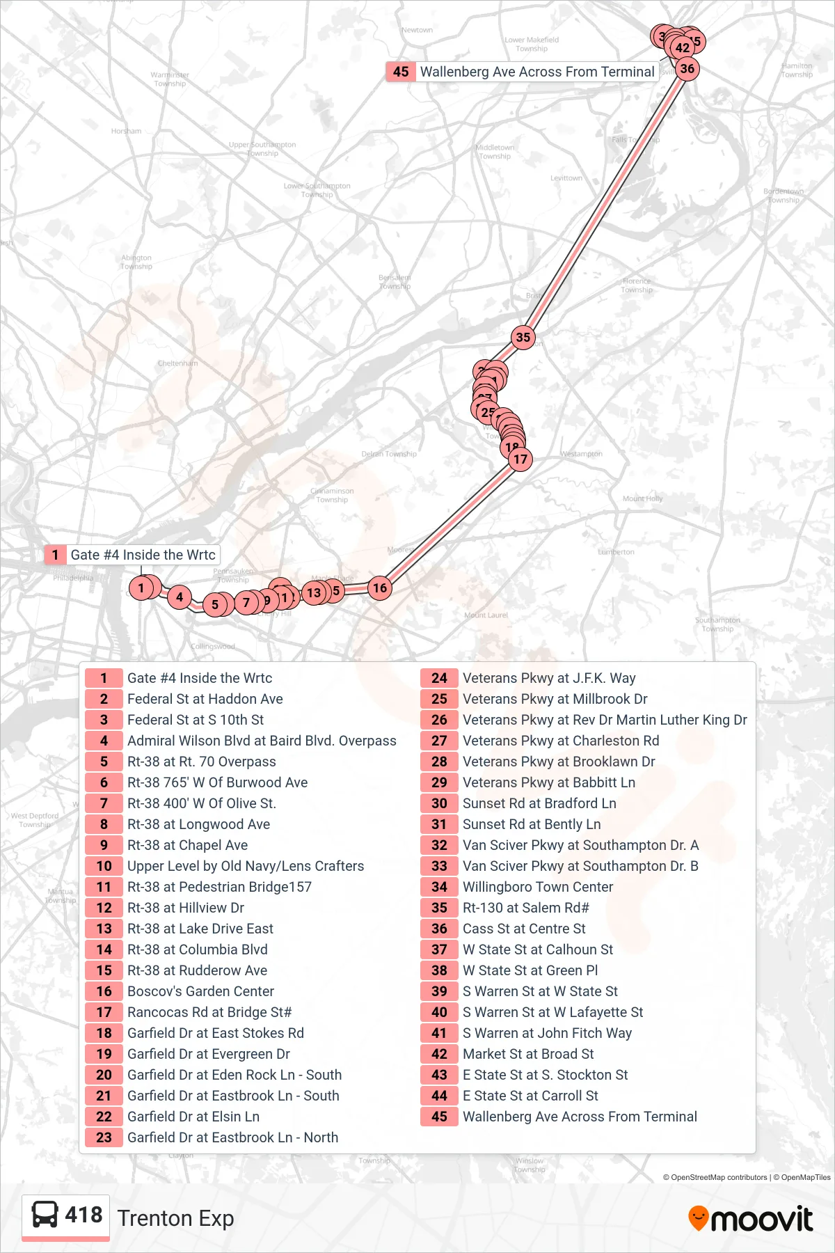 418 bus Line (Trenton Exp) route and stops on a map