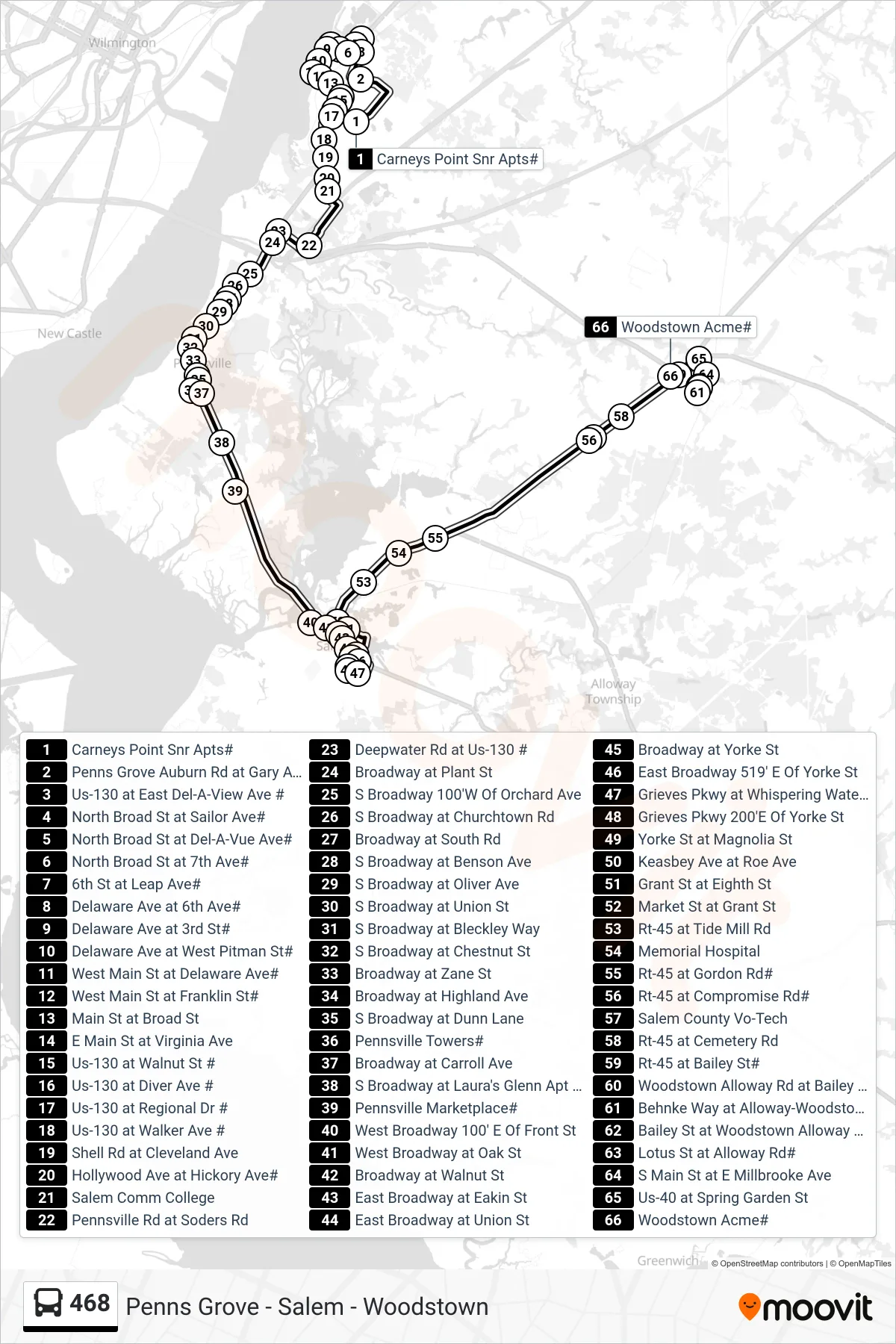 468 bus Line (Woodstown) route and stops on a map