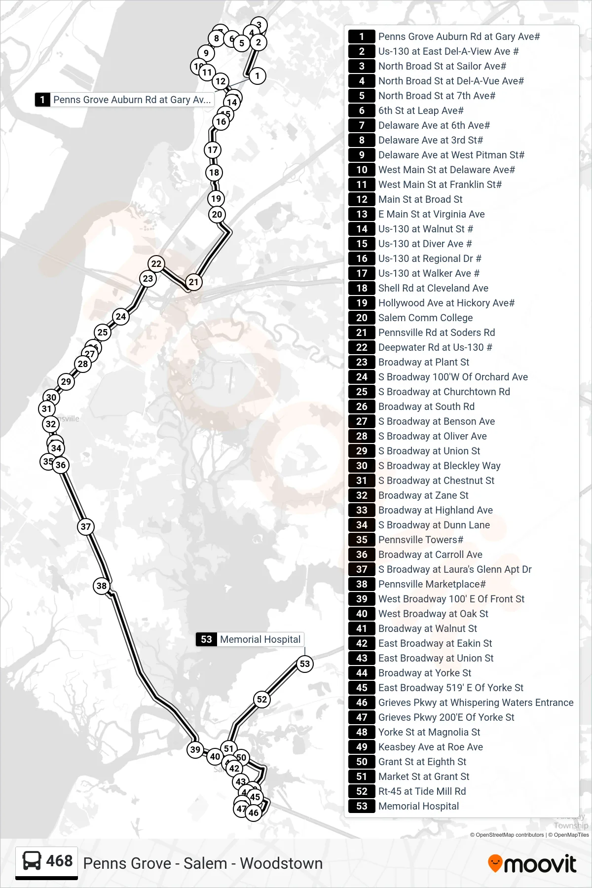 468 bus Line (Salem Mannington Memorial Hospital) route and stops on a map