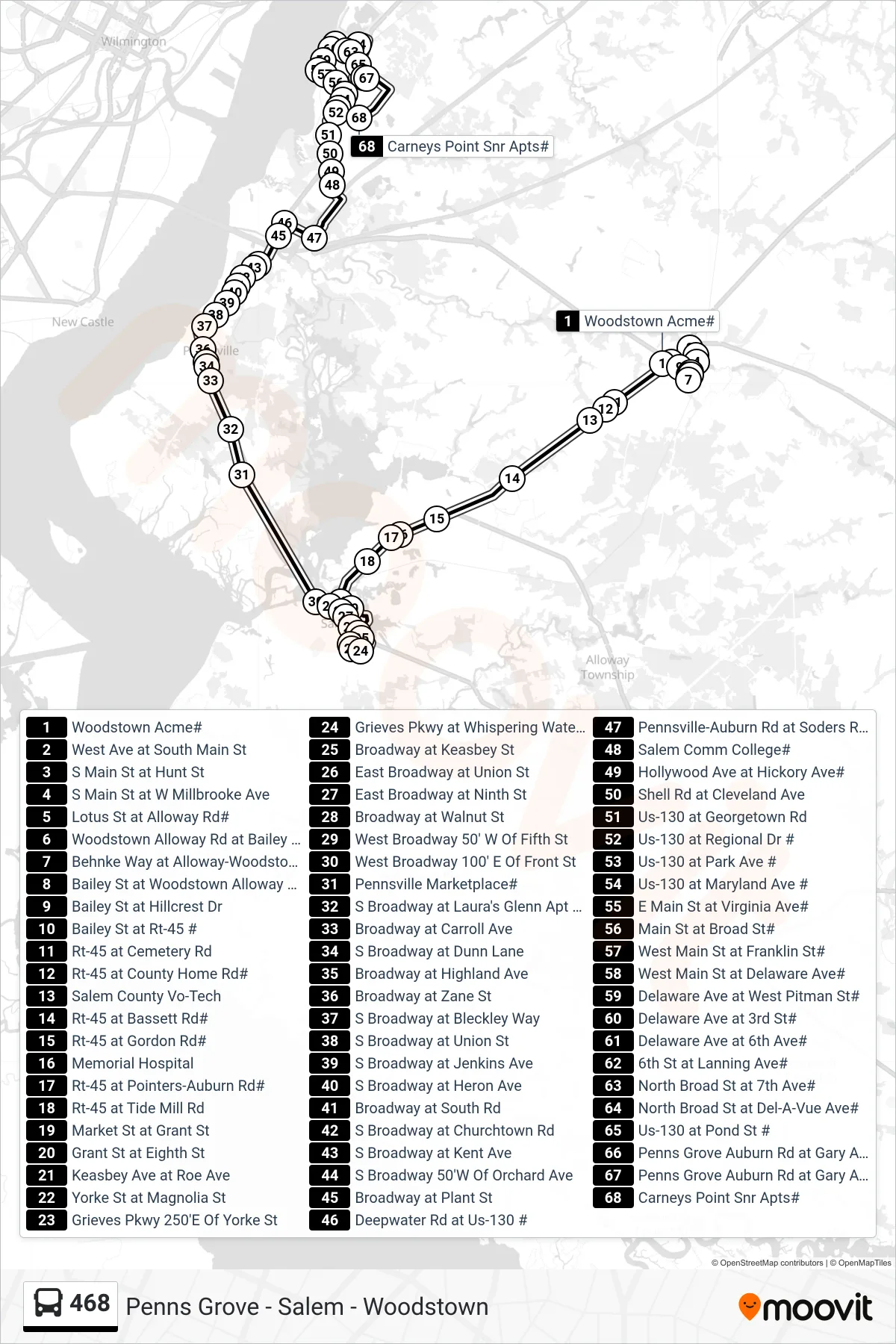 468 bus Line (Carneys Point Senior Apts) route and stops on a map
