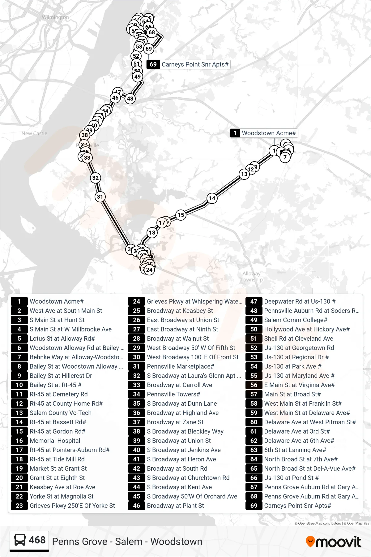 468 bus Line (Carneys Point Pnsville Twrs Carneys Point Senior Apts) route and stops on a map