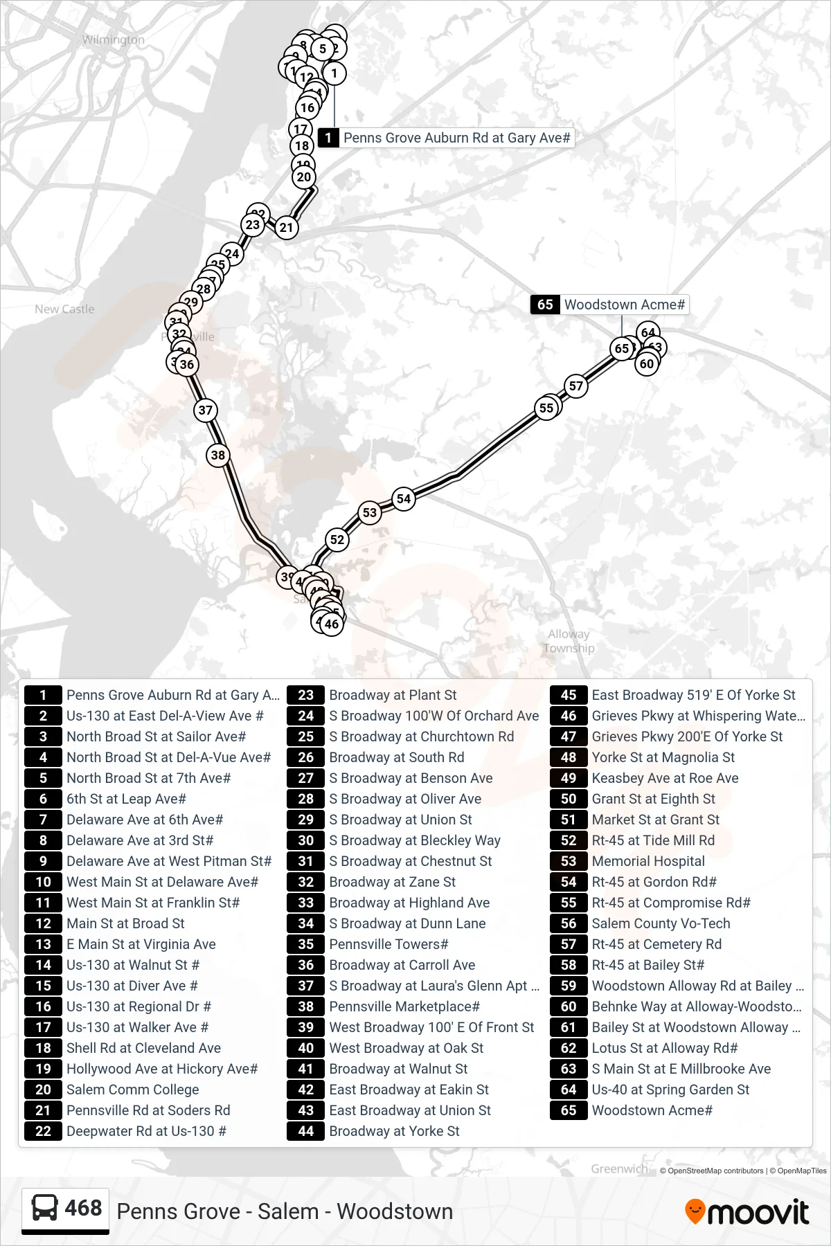 468 bus Line (Woodstown Pnsville Twrs) route and stops on a map