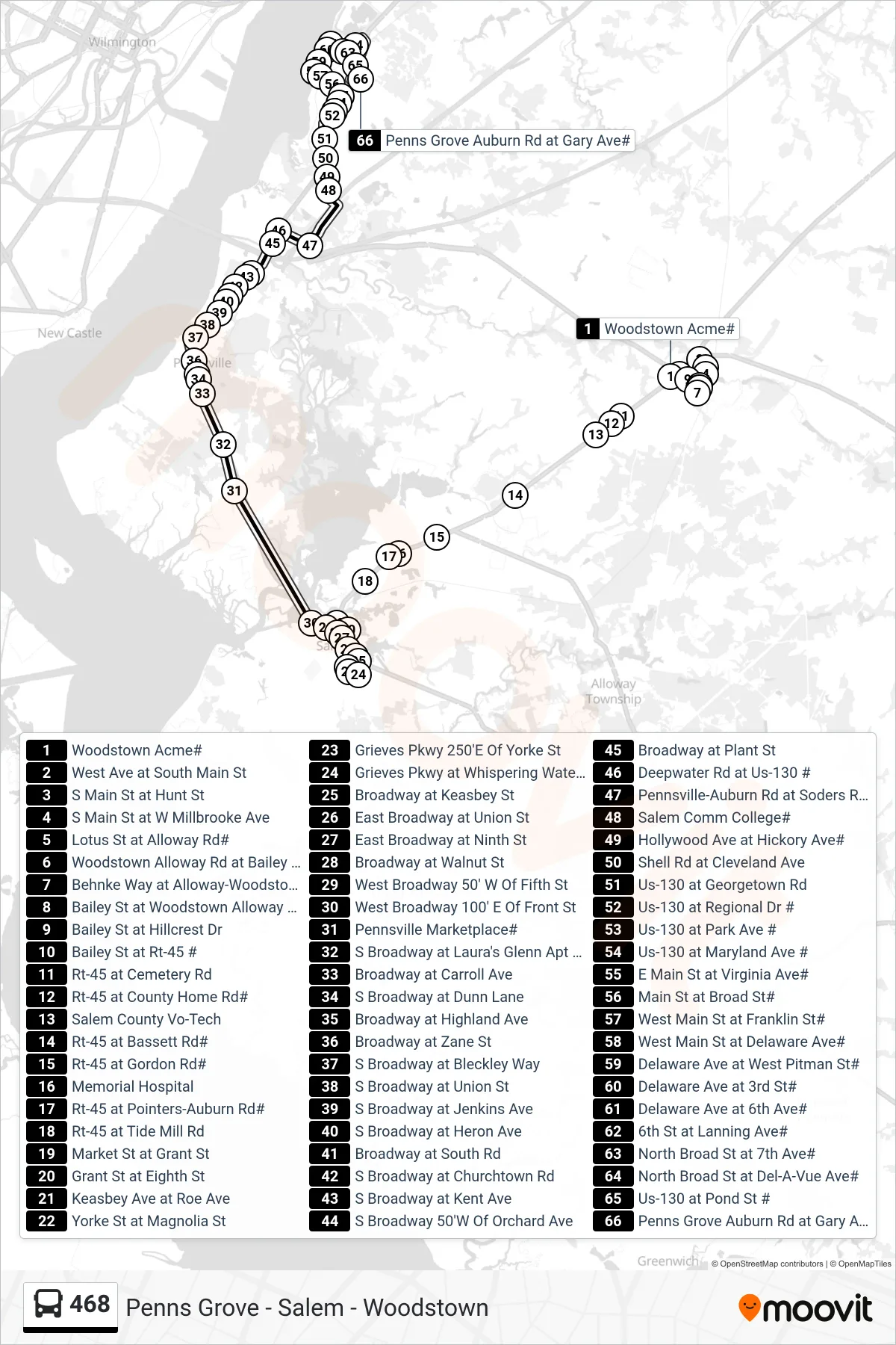 468 bus Line (Carneys Point) route and stops on a map