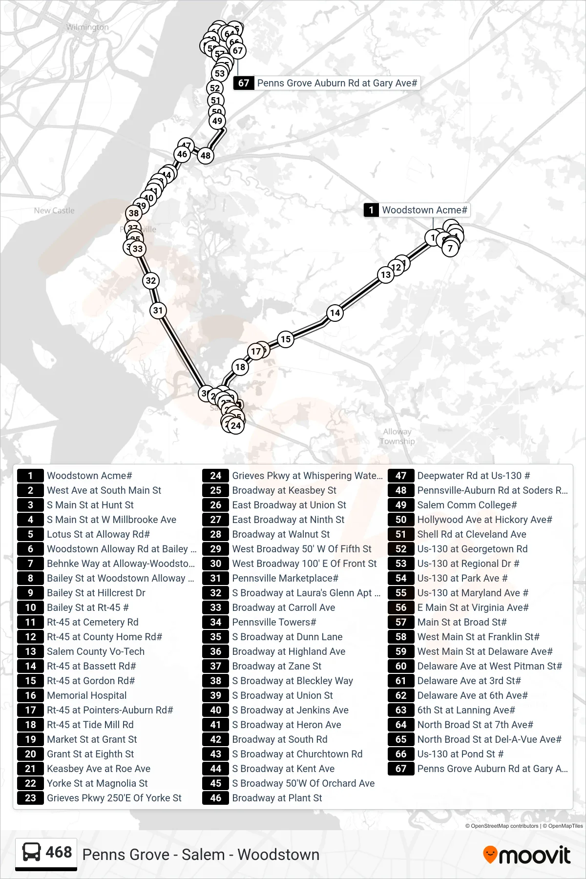 468 bus Line (Carneys Point Pnsville Twrs) route and stops on a map