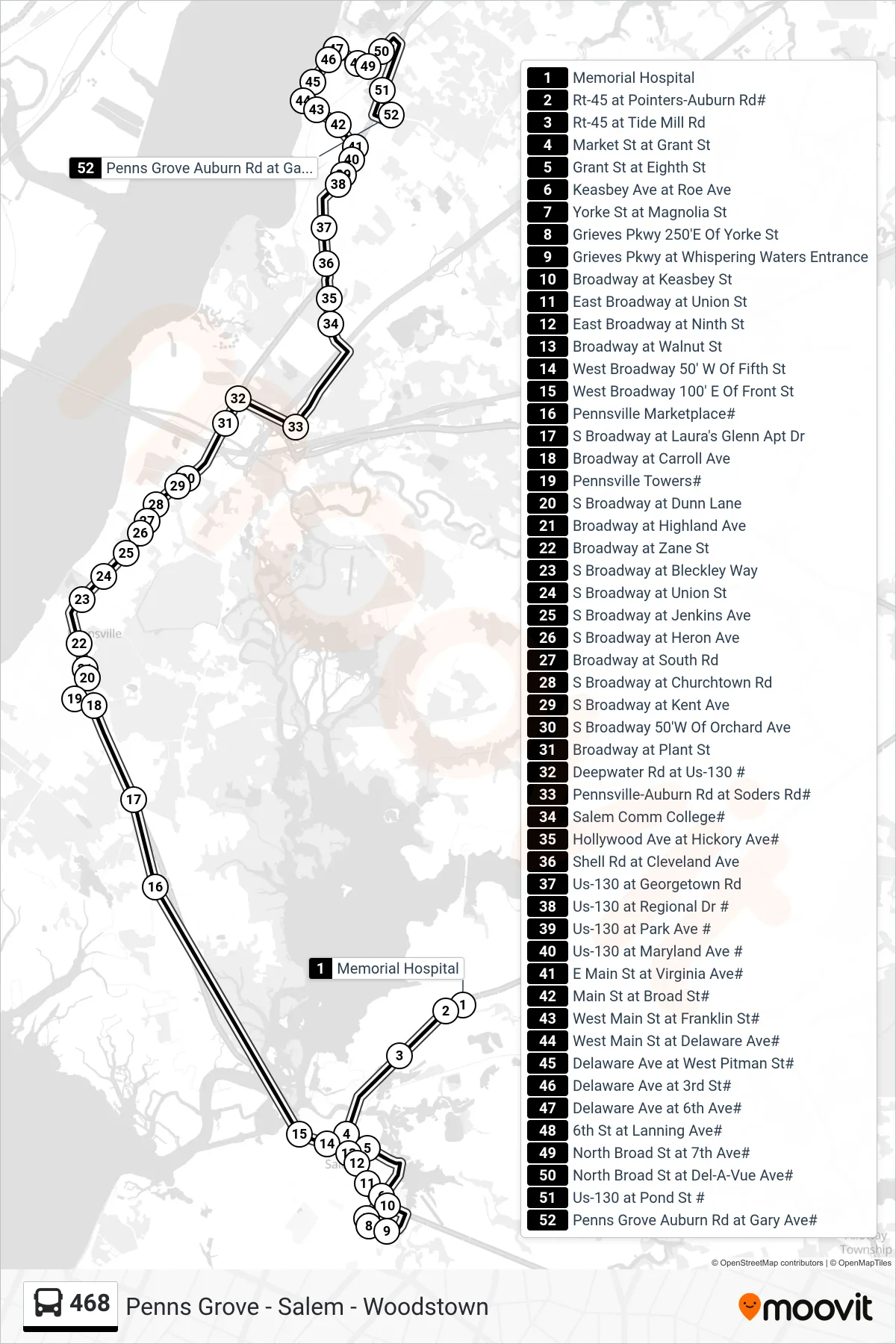 468 bus Line (Woodstown Pnsville Twrs) route and stops on a map