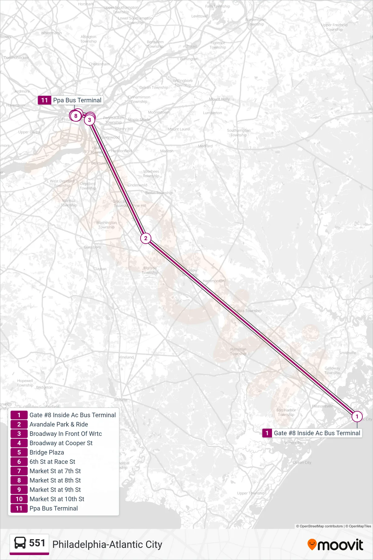 551 bus Line (Philadelphia) route and stops on a map
