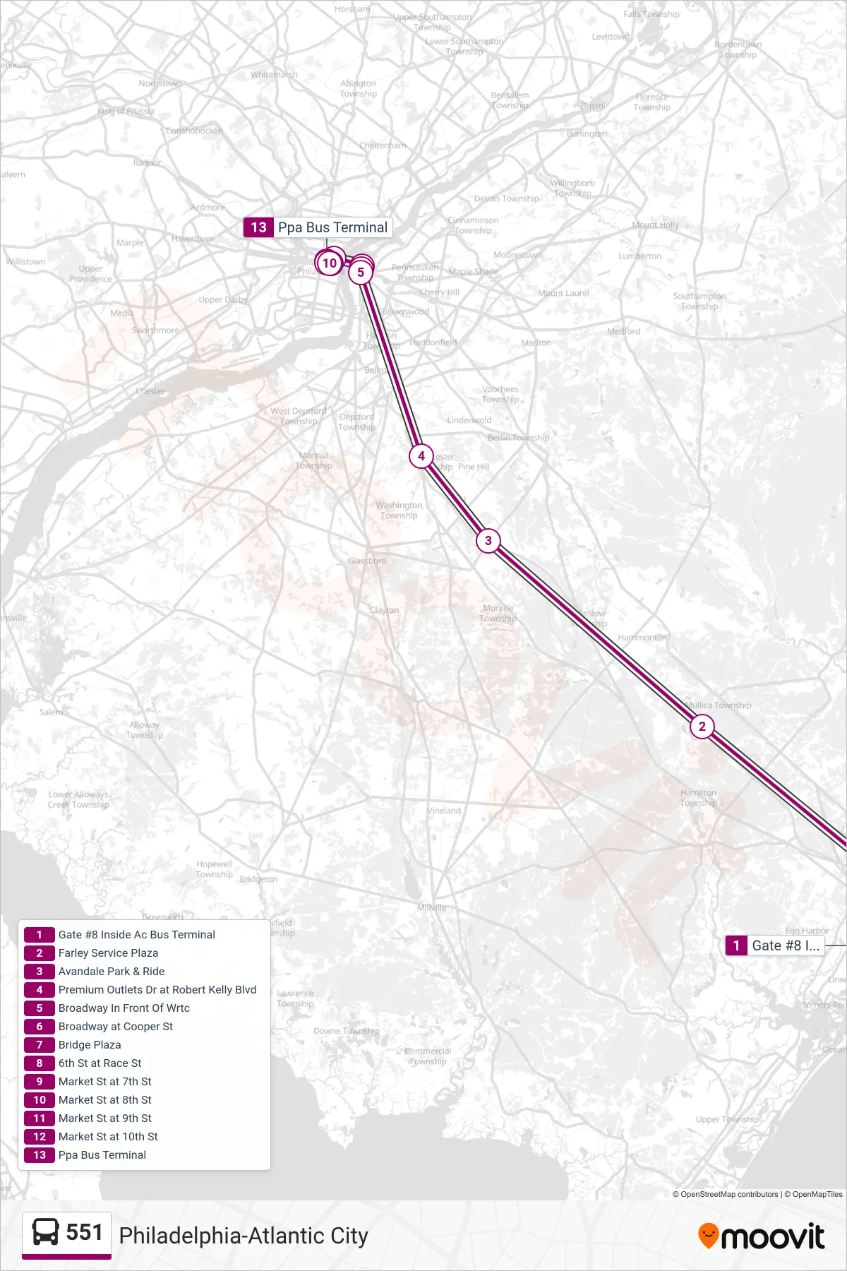 551 bus Line (Philadelphia Gp Outlets Philadelphia Farley Ser Pl) route and stops on a map