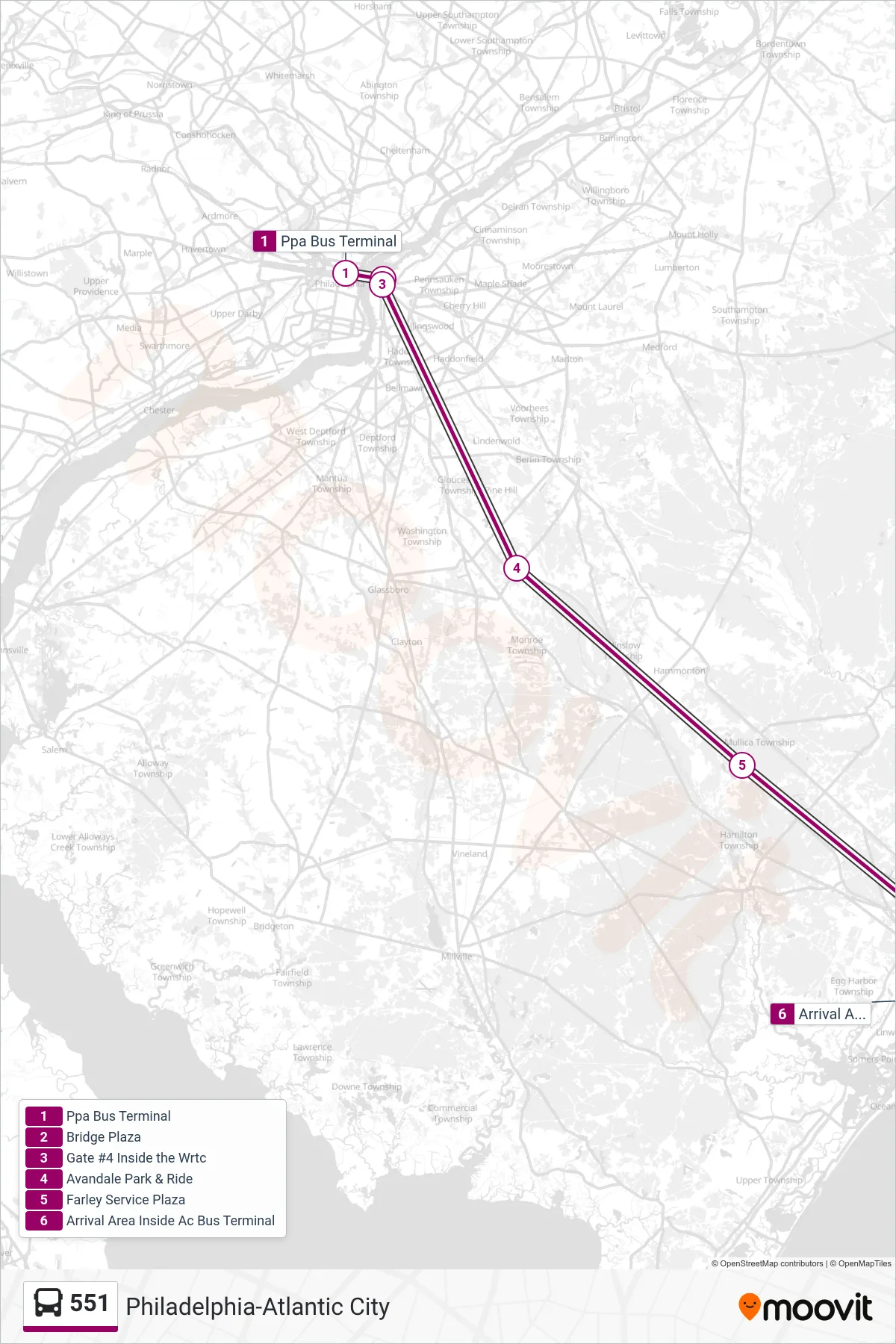 551 bus Line (Atlantic City Farley Ser_Pl) route and stops on a map