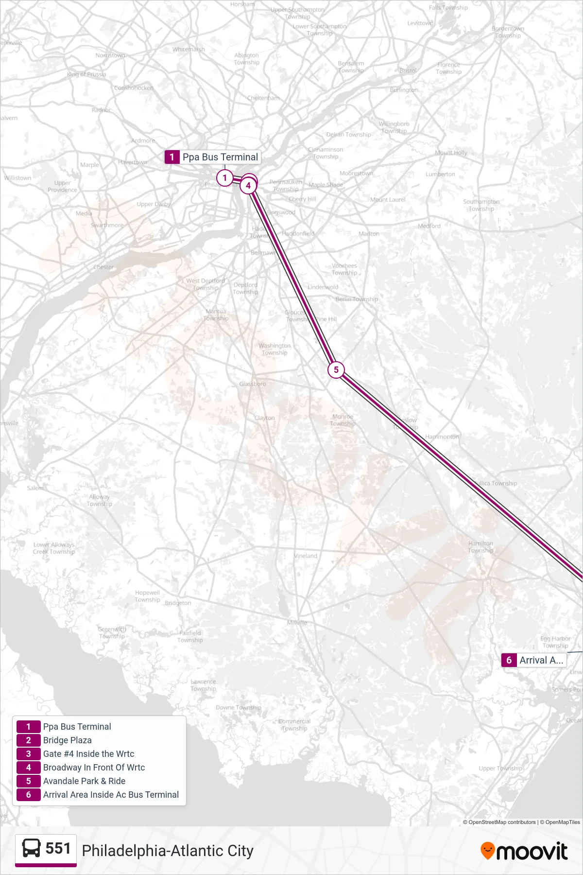 551 bus Line (Atlantic City) route and stops on a map