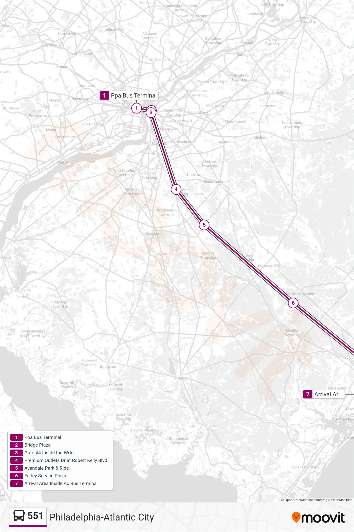 551 bus Line (Atlantic City Gp Outlets Atlantic City Farley Ser Pl) route and stops on a map